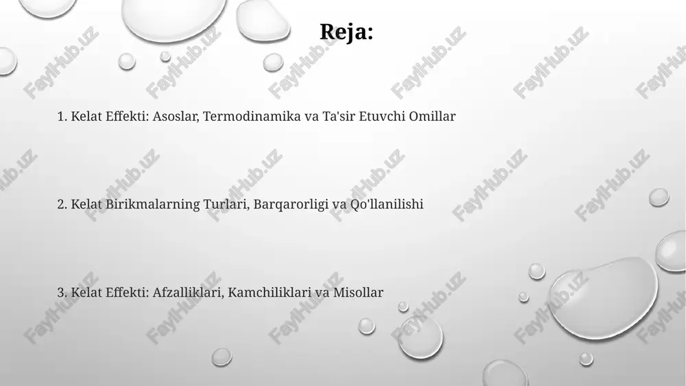 entalpiya omili kelat effekti uchun muhim bo'lmasa ham, ba'zi kelat hosil bo'lish reaksiyalarida metall-ligand bog'lanishidagi kuchliroq kovalentlik natijasida <0 qiymatlari kuzatilishi mumkin. chelat effektiga ta'sir etuvchi omillar: sterik va elektron effektlar sterik omillar ligandlarda katta hajmli guruhlarning mavjudligi tufayli kelatlanishni qiyinlashtirishi mumkin, chunki bu metall ioniga yaqinlashishni to'sib, 10% dan 30% gacha barqarorlikni kamaytiradi. elektron effektlar, masalan, ligandning elektron berish qobiliyati, kelatning barqarorligiga ta'sir qiladi; kuchliroq elektron beruvchi ligandlar metall ion bilan mustahkamroq bog'lanib, 5-15 martagacha barqarorlikni oshiradi. metall ionning zaryad zichligi va radiusi kelat effektiga ta'sir qiladi; yuqori zaryad zichligiga ega kichik ionlar kelat bilan kuchliroq bog'lanib, 20% dan ortiq barqarorlikka erishadi, sterik to'siqlikni kamaytiradi. chelat effektining qo'llanilishi: analitik kimyo, farmatsevtika, sanoat va biologik tizimlar farmatsevtikada kelatlashuv og'ir metallarni (masalan, pb, hg) zaharlanishini davolashda muhim rol o'ynaydi; misol uchun, dimercaprol (bal) 2 ta sh guruhi orqali metallar bilan kelat hosil qiladi. analitik kimyoda kelatlashgan birikmalar metall ionlarini selektiv ajratish …