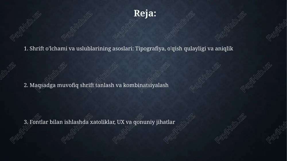 imlar ko'pchilik taqdimotchilar 'default' shriftlardan foydalanadi, bu esa zerikarli ko'rinishi mumkin. yechim: taqdimot maqsadiga mos 2-3 ta professional shrift kombinatsiyasini tanlash va ularga amal qilish. juda ko'p turli xil shriftlarni ishlatish tartibsizlikni keltirib chiqaradi. optimal son - 3 ta shrift. bosh sarlavhalar uchun bitta, asosiy matn uchun ikkinchisi va urg'u uchun uchinchisi. ux, litsenziyalash va shrift resurslari foydalanuvchi tajribasi (ux) nuqtai nazaridan, 16 pikseldan kam bo'lmagan shrift o'lchamidan foydalanish maqsadga muvofiqdir, chunki u o'qish qulayligini ta'minlaydi va zo'riqishni kamaytiradi. shrift litsenziyalash masalasida, tijorat maqsadlarida foydalanish uchun open source shartnomasi (masalan, apache 2.0) asosida tarqatilgan shriftlar ko'proq mos keladi. e'tiboringiz uchun rahmat image2.jpg image3.jpg image4.jpg image5.jpg image6.jpg image7.jpg