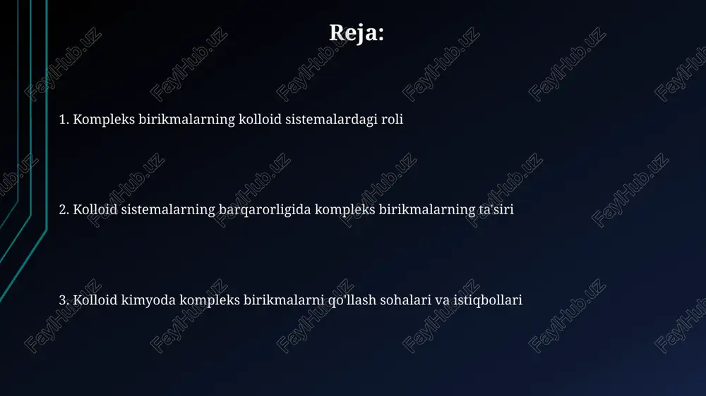 rda 1-100 nm zarrachalar hosil bo'lishida muhim rol o'ynaydi, bu esa ularning o'lchami va shaklini nazorat qilish imkonini beradi. kompleks hosil qilish kolloid zarrachalar yuzasida elektrostatik yoki sterik stabilizatsiyani ta'minlab, agregatsiya va cho'kishni oldini oladi, shu bilan kolloid dispersiyaning barqarorligini oshiradi, masalan, 0.01m edta qo'shilishi. kolloid zarralarni kompleks birikmalar yordamida modifikatsiyalash kompleks birikmalar bilan qoplash orqali kolloid zarralarning sirt zaryadini o'zgartirish mumkin, bu esa elektrostatik barqarorlikni oshiradi yoki kamaytiradi, 0 dan ± 100 mv gacha bo'lgan zeta potensialini sozlash imkonini beradi. kompleks birikmalar kolloid zarralar yuzasiga selektiv ravishda birikib, 1 dan 5 nm gacha qalinlikdagi himoya qatlamini hosil qiladi, bu esa agregatsiyani oldini oladi va dispersiyalarning uzoq muddatli barqarorligini ta'minlaydi. kompleks birikmalar reaksiyaga kirishib, kolloid zarralarning gidrofilligini oshirishi yoki kamaytirishi mumkin, suv molekulalari bilan bog'lanish qobiliyatini 10 dan 50% gacha o'zgartirib, dispersiya xususiyatlarini optimallashtiradi. kompleks birikmalar asosida barqaror kolloid sistemalarni yaratish chelatlovchi ligandlar metall nanozarralarini o'rab olib, agregatsiyani oldini oladi …