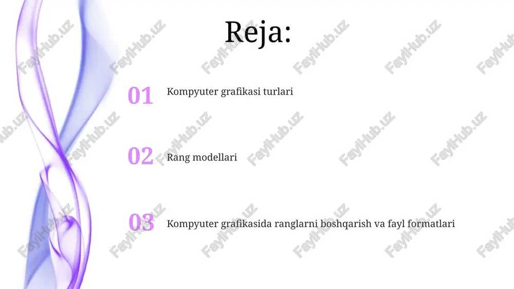 roq fayl o'lchamiga ega. vektor fayl formatlari svg, eps va ai kabi formatlarni o'z ichiga oladi. 2d va 3d grafika 2d grafika ikki o'lchamli tekislikda yaratiladi, odatda x va y koordinatalari yordamida. bunday grafikalar 8-bit, 16-bit, yoki 24-bit rang chuqurligiga ega bo'lishi mumkin va vektor yoki raster formatda bo'lishi mumkin. 3d grafika uch o'lchamli fazoda yaratiladi, x, y va z koordinatalaridan foydalanadi. perspektiva, yorug'lik, soya va tekstura kabi qo'shimcha elementlar mavjudligi sababli 2d grafikaga nisbatan ancha murakkab. 2d grafika ko'pincha sodda interfeyslar, tipografiya va ikonalar uchun ishlatiladi, 3d grafika esa o'yinlar, animatsiyalar, arxitektura vizualizatsiyalari va mahsulot dizaynlari kabi murakkabroq vizualizatsiyalar uchun qo'llaniladi. rang modellari (rgb, cmyk, hsv) cmyk modeli siyoh, magenta, sariq va qora siyohning foizlarini aralashtirib ranglarni yaratadi, odatda bosib chiqarishda ishlatiladi hamda 0 dan 100% gacha qiymatlarni qamrab oladi. rgb modeli qizil, yashil va ko'kning 0 dan 255 gacha bo'lgan intensivligini qo'shib, ranglarni yaratadi, bu esa displeylar uchun …