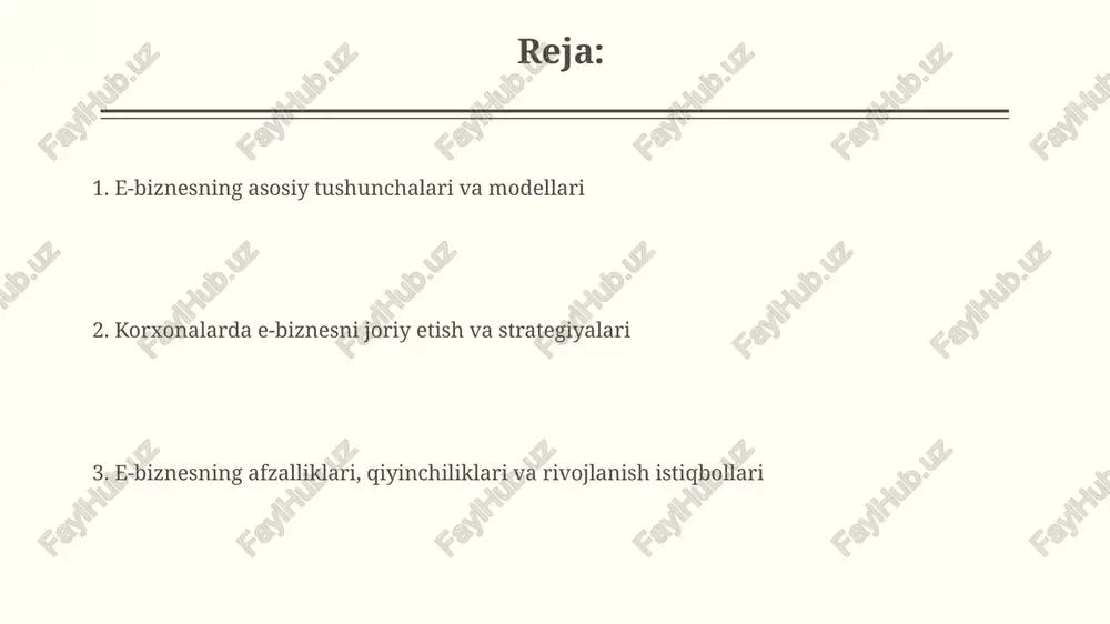 va 3-6 oy ichida xodimlarni o'qitishdan iborat. e-biznes modellari b2b (biznesdan biznesga) modeli bir korxonaning boshqa korxonaga mahsulot yoki xizmatlarni sotishini anglatadi, misol uchun, xomashyo yetkazib berish yoki dasturiy ta'minotni litsenziyalash. affiliate marketing modeli elektron biznesda keng tarqalgan bo'lib, bunda kompaniya boshqa veb-saytlarga o'z mahsulotlarini reklama qilish uchun komissiya to'laydi, masalan, har bir sotilgan mahsulot uchun 5-10% komissiya. e-biznes strategiyalari e-biznes strategiyalari bozorni segmentatsiya qilishni o'z ichiga oladi, bunda demografiya va xulq-atvorga asoslangan 10 ta segment aniqlanadi va har bir segmentga moslashtirilgan marketing kampaniyalari yaratiladi. omnichannel strategiyasi mijozlarga 5 ta platforma orqali uzluksiz tajriba taqdim etadi: veb-sayt, mobil ilova, ijtimoiy media, elektron pochta va do'konlar, sotuvlar hajmini 30% ga oshiradi. e-biznes texnologiyalari va infratuzilmasi e-biznes infratuzilmasi ssl sertifikatlari va pci dss mosligi kabi xavfsizlik protokollarini o'z ichiga oladi, bu esa onlayn tranzaktsiyalarni himoya qiladi va iste'molchilar ishonchini oshiradi. bulutli hisoblash platformalari, masalan, aws yoki azure, e-biznes texnologiyalari uchun masshtablashuvchanlik, ishonchlilik …