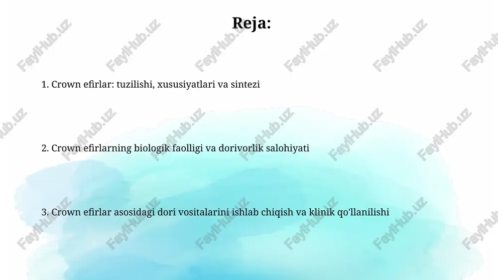 efirlar molekulalarni qamrab olish qobiliyati tufayli dori vositalarining maqsadli joyga yetkazilishini ta'minlaydi, bu esa 10-100 nanometr o'lchamdagi zarrachalarni barqarorlashtiradi. kraun efirlar ionlar bilan selektiv komplekslar hosil qilib, hujayra membranalari orqali dori moddalarining o'tishini osonlashtiradi, bu esa 2-3 karra samaradorlikni oshirishi mumkin. kraun efirlarning antibakterial va antiviral faolligi ba'zi kraun efirlar, ayniqsa 18-kraun-6 hosilalari, bakteriyalarning hujayra membranasini buzish orqali antibakterial faollik ko'rsatadi, bu esa ion transportini buzadi. kraun efirlar viruslarga qarshi ta'sirini viruslarning hujayralarga birikishini bloklash yoki virusli replikatsiya jarayonlariga xalaqit berish orqali namoyon qiladi, bu esa virus yuqishini kamaytiradi. xulosa va istiqbollar crown efirlarning farmatsevtikada qo'llanilishi kelajakda ion selektiv sensorlar va dori vositalarini yetkazib berish tizimlarida sezilarli o'sishga olib keladi. tadqiqotlar crown efirlarni turli xil kasalliklarga qarshi dori vositalarini ishlab chiqishda, xususan, ion transportini modullash orqali, foydalanish imkoniyatini ko'rsatmoqda. e'tiboringiz uchun rahmat image2.jpg image3.jpg image4.jpg image5.jpg image6.jpg image7.jpg image8.jpg image1.png