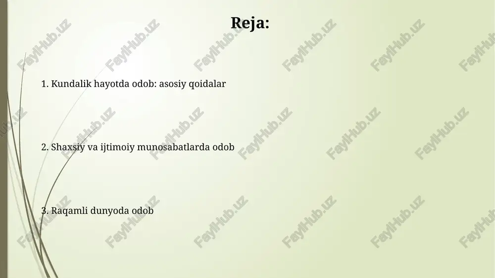larning shaxsiy hayotini hurmat qilish uchun 15 daqiqadan ortiq gaplashmaslik kerak. ijtimoiy tarmoqlarda shaxsiy ma'lumotlarni himoya qilish uchun ikki faktorli autentifikatsiyani yoqing va shaxsiy rasmlar yoki manzillarni 3 shaxslar bilan bo'lishishdan ehtiyot bo'ling. mehmon kutish va mehmon bo'lish odobi mehmon kutishda har bir mehmon uchun qulaylik yaratish muhim, xususan, ularning xohishlariga ko'ra joy ajratish va taom tanlashda imkon qadar yordam berish kerak. mehmon bo'lganda, xonadon egalarining qoidalariga rioya qiling, soat 10:00 dan keyin baland ovozda gaplashmang va uy hayvonlariga ehtiyotkorlik bilan munosabatda bo'ling. e'tiboringiz uchun rahmat image1.jpg image2.jpg image3.jpg image4.jpg image5.jpg image6.jpg