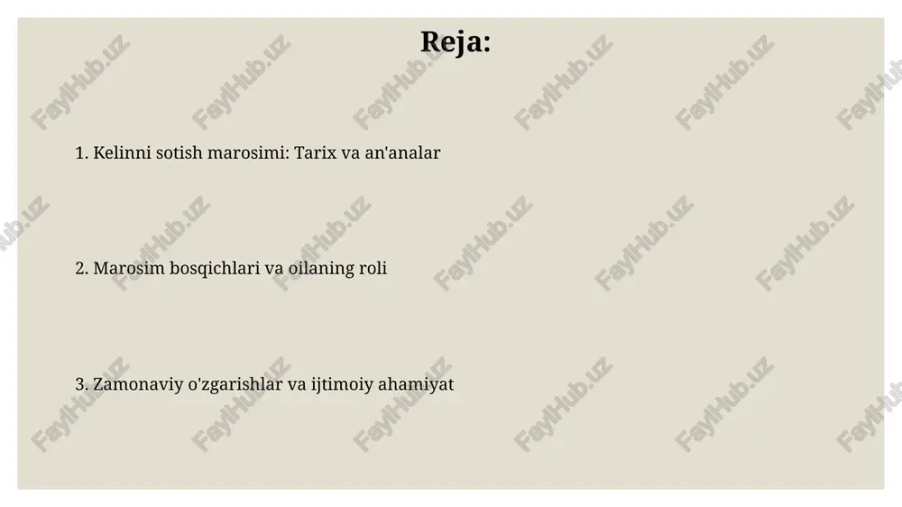 mtarona, oilaviy davrada o'tadi. ushbu marosim ba'zi jamiyatlarda kelinning oilasini moddiy qo'llab-quvvatlash vositasi sifatida ko'riladi, bu oilaning obro'sini oshiradi va 2-3 ta tomondan yordam beradi. marosimdan keyin: kelinning his-tuyg'ulari marosimdan so'ng, kelin ko'pincha 10 kun ichida nostalji tuyg'ularini boshdan kechiradi, o'z oilasi va bolalikdagi uyini sog'inadi, bu esa yangi hayotga moslashish davrida melankolik kayfiyatga olib keladi. ba'zi kelinlar marosimdan keyin 2-3 hafta davomida hayajon va tashvish aralashmasini his qilishadi, bu esa yangi oilaga qo'shilish, yangi mas'uliyatlar va jamiyatda qanday qabul qilinishidan kelib chiqadi. kelajak avlodlarga meros marosimning asosiy elementlari, masalan, 7 ta non yoki 9 ta shirinlik kabi, yangi avlodlarga og'zaki an'analar va amaliy ko'rinishlar orqali yetkaziladi, bu oilaviy qadriyatlarni mustahkamlaydi. kelajak avlodlarga marosimning maqsadi, ya'ni ikki oilani birlashtirish va yangi hayotni boshlash, oqsoqollar tomonidan hikoyalar va ibratli suhbatlar orqali tushuntiriladi, bu merosni davom ettiradi. e'tiboringiz uchun rahmat image3.jpg image4.jpg image5.jpg image6.jpg image7.jpg image8.jpg image9.jpg