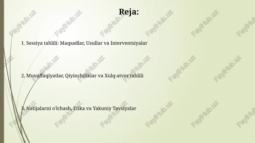 nktsiyasini baholashni o'z ichiga oladi. natijalarni o'lchash uchun asosiy xatti-harakatlar chastotasini aniqlash, maqsadli xatti-harakatlarning tez-tezligini va intensivligini baholash uchun 1 dan 5 gacha bo'lgan reyting shkalasidan foydalanish muhimdir. etika, professionalizm va sessiya yakunlari terapevt 4.1-moddaga muvofiq mijozning maxfiyligini saqlashi kerak, shu bilan birga, sessiya davomida erishilgan natijalarni aniq va xolis ravishda yozib borishi lozim. professionalizm 3.2-standarti sessiya maqsadlariga muvofiq bo'lishi kerak, bunda terapevt har bir daqiqani maqsadli ishlatib, mijozning ehtiyojlarini qondirishga yo'naltiriladi. muhokama, xulosa va tavsiyalar muhokama sessiya natijalarini bolaning nutqiy o'zgarishlariga, terapiyaning 70% samaradorligiga baho berish orqali yakunlaydi. kelgusida aniq vazifalarni qo'llash tavsiya etiladi. xulosa shuni ko'rsatadiki, 12 haftalik davolanishdan so'ng bemorning fonetik rivojlanishi 40% ga yaxshilandi. uy sharoitida mustahkamlash uchun mashqlar berish zarur. e'tiboringiz uchun rahmat image1.jpg image2.jpg image3.jpg image4.jpg image5.jpg image6.jpg image7.jpg