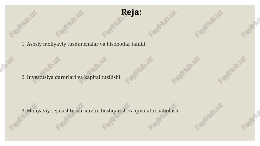 shtirish korxonaning 3-5 yillik maqsadlarini belgilaydi, bunda daromad prognozlari, xarajatlar byudjeti va kapital xarajatlar rejalari ishlab chiqiladi. xavfni boshqarish investitsiya portfelidagi xavfni kamaytirish uchun diversifikatsiya strategiyalarini o'z ichiga oladi, bu esa 0.8 betadan past koeffitsiyentni maqsad qiladi. moliyaviy rejalashtirishda senariy tahlili muhim, unda optimistik, pessimistik va eng ehtimoliy 3 xil holat uchun pul oqimlari simulyatsiya qilinadi. qiymatni baholash va biznesni moliyalashtirish manbalari biznesni moliyalashtirish manbalariga venchur kapital kiradi. bu odatda yuqori o'sish potentsialiga ega startaplar va kichik korxonalarga xususiy investorlar tomonidan taqdim etiladigan sarmoyadir. qiymatni baholashda diskontlangan pul oqimi (dpv) usuli muhim. u kelajakdagi pul oqimlarini bugungi kunga keltirish orqali aktiv qiymatini aniqlaydi, bu esa investitsiya qarorlariga yordam beradi. aktiv qiymatini baholashda nisbiy baholash usullari qo'llaniladi. masalan, p/e (narx/foyda) koeffitsienti orqali kompaniyalarni solishtirish, shuningdek, bozorda qiymatni aniqlashga yordam beradi. korporativ boshqaruv va xalqaro moliya ko'p millatli korporatsiyalar (kmk) moliyani boshqarish uchun soliq optimallashtirish strategiyalarini qo'llashadi, bu esa past soliq stavkalari …