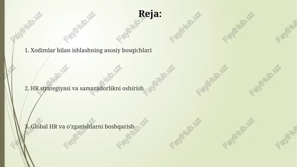 olash natijalariga asoslanishi mumkin, bu xodimlarning faoliyatini to'liq aks ettiradi va adolatli mukofotlash imkoniyatini oshiradi. rag'batlantirishning pul shakllari, masalan, bonuslar, odatda, kpi (ish ko'rsatkichlari) bilan bog'liq bo'lib, xodimlarni aniq maqsadlarga erishishga undaydi va kompaniya foydasini oshiradi. no pul mukofotlari, masalan, taqdirlash marosimlari yoki qo'shimcha ta'tillar, xodimlarning motivatsiyasini oshiradi va ishga sodiqligini mustahkamlaydi, ish muhitini yaxshilaydi. mehnat munosabatlari va huquqiy jihatlar o'zbekiston respublikasining mehnat kodeksi xodimlarning 40 soatlik ish haftasiga ega bo'lish huquqini kafolatlaydi, ortiqcha ishlash holatlari qonun bilan tartibga solinadi va kompensatsiya to'lanishi shart. mehnat shartnomalari kodeksning 72-moddasiga muvofiq tuziladi va xodimning huquq va majburiyatlarini, ish beruvchining javobgarligini belgilaydi, bu esa nizo holatlarini kamaytiradi. kasaba uyushmalari xodimlarning huquqlarini himoya qilishda muhim rol o'ynaydi, ular ish beruvchilar bilan jamoa shartnomalarini tuzadi, mehnat nizolarini hal qiladi va xodimlarning manfaatlarini himoya qiladi. inson resurslari strategiyasi va rejalashtirish hr strategiyasi raqamli transformatsiya, 70/20/10 ta'lim modeli va ish beruvchining brendini rivojlantirish kabi tashabbuslarni o'z ichiga …