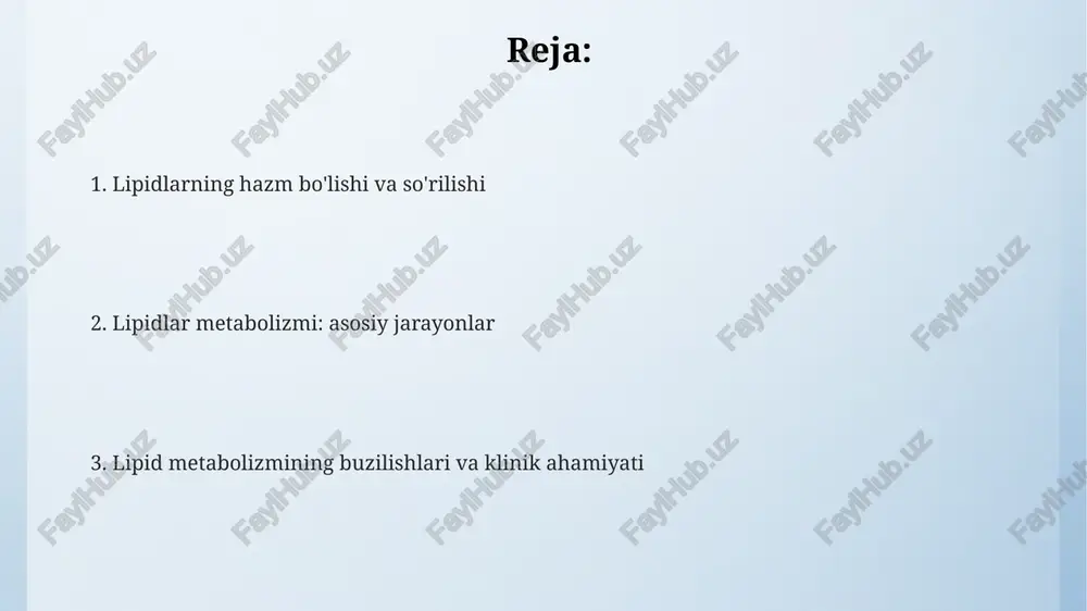 tein zarralari bo'lib, ular ingichka ichak hujayralarida triglitseridlar qayta sintezlangandan so'ng hosil bo'ladi. lipidlar metabolizmiga umumiy nuqtai lipidlar metabolizmi energiyani saqlash va ishlatish uchun zarur, triglitseridlar shaklida yog 'to'qimasida energiya saqlash va beta-oksidlanish orqali uni chiqarishni o'z ichiga oladi. lipidlar metabolizmi gormonlar orqali tartibga solinadi, insulin yog 'kislotalari sintezini rag'batlantiradi, glukagon esa triglitseridlarning parchalanishini va energiya uchun yog 'kislotalaridan foydalanishni oshiradi. xolesterin metabolizmi ldl va hdl kabi lipoproteinlar bilan chambarchas bog'liq, ular xolesterinni to'qimalarga olib boradi va undan olib tashlaydi, bu esa yurak-qon tomir salomatligi uchun muhimdir. yog 'kislotalari metabolizmi: beta-oksidlanish va sintez yog 'kislotalari sintezi sitozolda sodir bo'ladi va atsetil-koa dan malonil-koa hosil bo'lishini o'z ichiga oladi, so'ngra yog' kislotasi sintaza kompleksi yordamida zanjirni uzaytiradi. beta-oksidlanish yog 'kislotalarini mitoxondriyada atsetil-koa ga parchalaydi, bu esa krebs tsikliga kirib, atp ko'rinishida energiya hosil qiladi, fadh2 va nadh ham hosil bo'ladi. beta-oksidlanish har bir aylanishda 2 uglerodni olib tashlaydi, natijada atsetil-koa hosil …
