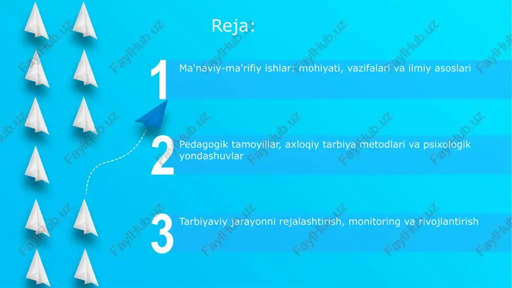 ydi, bu esa ularning bilim olishga bo'lgan qiziqishini 60% ga oshiradi. ijtimoiy-psixologik muhitni tahlil qilish va rejalashtirish rejalashtirish bosqichida o'quvchilarning 5 ta psixologik xususiyatlari (qiziqish, motivatsiya, ehtiyoj, qobiliyat, temperament) inobatga olinib, tadbirlar tuziladi. ijtimoiy-psixologik muhitni tahlil qilishda demografik ko'rsatkichlar, ijtimoiy guruhlar o'rtasidagi munosabatlar va 3 asosiy qadriyatlar (milliy, diniy, umuminsoniy) e'tiborga olinadi. ijtimoiy muhitni tahlil qilishda swot tahlilidan foydalaniladi. bu orqali 4 ta asosiy omillar (kuchli va zaif tomonlar, imkoniyatlar va xavflar) aniqlanadi va tadbirlar shunga mos rejalashtiriladi. tarbiyaviy tadbirlarni tashkil etish va monitoring tarbiyaviy tadbirlarni rejalashtirishda maqsad aniq belgilanishi, 3-5 ta asosiy vazifa belgilanib, har bir tadbirning kutilayotgan natijalari aniq ko'rsatilishi shart. monitoring mezonlari aniq, o'lchanadigan bo'lishi kerak. masalan, ishtirokchilar soni, fikr-mulohazalar va kamida 75% qoniqish darajasi baholanishi zarur. tadbir samaradorligini baholashda 360 gradusli fikr-mulohaza usulidan foydalanish, ya'ni ishtirokchilar, tashkilotchilar va kuzatuvchilarning baholarini hisobga olish muhim. hamkorlik, sheriklik va axborot texnologiyalari start hamkorlikda 2.0 texnologiyalari, masalan, interaktiv doskalar va …