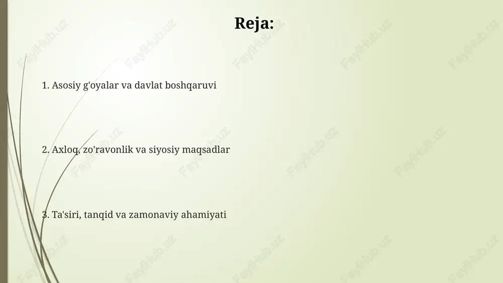 urush machiavelli xalqni zodagonlarga qaraganda ishonchliroq deb hisoblagan, chunki xalq hukmronlik qilishni emas, balki hukm qilinmaslikni xohlaydi. zodagonlarning ambitsiyalari esa barqarorlikka xavf soladi. machiavelli armiyani davlatning asosi deb bilgan va doimiy armiyani yollanma askarlardan afzal ko'rgan. chunki 1-si vatanparvar bo’ladi va 2-si faqat pul uchun kurashadi. urushni siyosiy maqsadlarga erishish vositasi sifatida ko'rib, machiavelli hukmdorga davlatni himoya qilish uchun zarur bo'lganda zo'ravonlik va aldashga tayyor bo'lishni maslahat beradi, chunki davlat birinchi o’rinda turadi. fortune va virtu virtu – bu qat'iyatlilik, mahorat, jasorat va moslashuvchanlikni o'z ichiga olgan sifatlar majmui, aynan shu fazilatlar bilan hukmdor fortune'ning zarbasiga qarshi tura oladi. fortune – bu nazorat qilib bo'lmaydigan, o'zgaruvchan hodisa bo'lib, daryoga o'xshaydi: 50% imkoniyat, 50% omadsizlik, uni oldindan ko'ra bilish qiyin. machiavelli virtu va fortuneni o'zaro bog'liq deb hisoblaydi: 25% fortune taqdirni belgilasa, 75% virtu hukmdorning taqdirini shakllantirishga qodir. ta'siri, tanqidi va zamonaviy ahamiyati bugungi kunda "the prince" siyosiy yetakchilik va davlat …