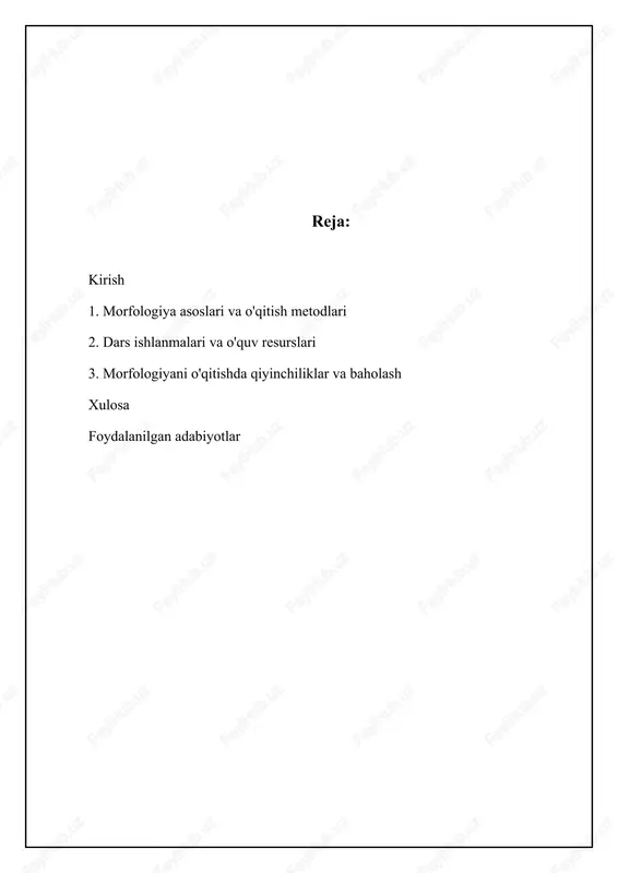 matik jihatdan to'g'ri qo'llash, matnni tahlil qilish va tushunish qobiliyatlarini rivojlantirishda muhim ahamiyatga ega. xususan, o'zbek tilida so'z yasash usullarining boyligi morfologiyaning chuqur o'rganilishini talab etadi. morfologiyani o'rganish nafaqat grammatik bilimlarni, balki adabiy asarlarni tahlil qilish, turli matnlarni tushunish va ijodiy ishlar yaratish uchun ham zarurdir. morfologik tahlil so'zning ma'nosini aniqlash, uning stilistik xususiyatlarini ko'rsatish va muallifning niyatini anglashga yordam beradi. o'zbek tilining morfologik xususiyatlarini bilish, o'zbek adabiyoti durdonalarini chuqurroq anglash va milliy madaniyatni hurmat qilish imkoniyatini beradi. shuningdek, morfologiya boshqa tillarni o'rganishda ham muhim ahamiyat kasb etadi, chunki tillar o'rtasidagi grammatik o'xshashlik va farqlarni aniqlashga ko'maklashadi. 📋 morfologiya darslari uchun o'quv rejalari maktab ta'limida morfologiya bo'limini o'qitish uchun dars rejalari yaratish jarayoni. [diagramma qo'shish xatosi: no elements provided] so'z turkumlari va ularni o'qitish metodikasi o'zbek tilida so'z turkumlari ma'no, grammatik shakl va sintaktik vazifasiga ko'ra farqlanadi. o'qitish jarayonida ot, sifat, son, olmosh, fe'l, ravish, ko'makchi, bog'lovchi, yuklama, undov kabi …