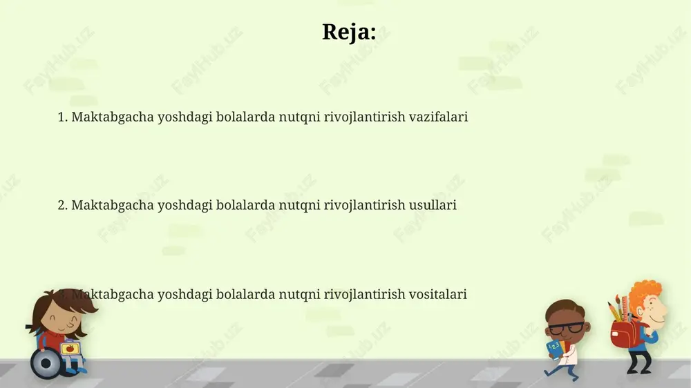arni tavsiflashni o'rganadi. lug'at boyitish strategiyalari lug'atni boyitishda tematik guruhlash usuli qo'llaniladi, bunda bolalar 5-7 ta so'zni bir mavzu doirasida o'rganadilar, masalan, "mevalar" yoki "transport vositalari". leksik mashqlar yordamida bolalar so'zlarning ma'nolarini chuqurroq tushunadilar, 3-4 yoshdagi bolalar uchun oddiy antonim va sinonimlarni o'rgatish muhimdir. o'yinlar orqali lug'atni boyitish samarali, masalan, "kim ko'proq aytadi?" o'yinida bolalar 1 daqiqa ichida berilgan mavzuga oid ko'proq so'z aytishga harakat qiladilar. grammatik tuzilishni shakllantirish usullari sifatlarni otlar bilan to'g'ri moslashtirish uchun 'katta/kichik', 'uzoq/yaqin' kabi zid so'zlardan foydalanish, misol uchun, 'katta uy' va 'kichik daraxt' iboralarini amaliy mashqlar bilan o'rgatish. grammatik shakllanishda 'bir nechta' va 'ko'p' tushunchalarini o'rgatish orqali otlarning ko'plik shakllarini (masalan, '1 ta olma' va '5 ta olma') vizual materiallar bilan mustahkamlash mumkin. gap tuzishda 'men', 'sen', 'u' kabi shaxs olmoshlarini qo'llashni o'rgatish, fe'llar bilan to'g'ri bog'lash (masalan, 'men o'ynayman', 'sen yugurasan') orqali 3 yoshdan 5 yoshgacha bo'lgan bolalarning grammatik rivojlanishini tezlashtirish. bog'lanishli nutqni …