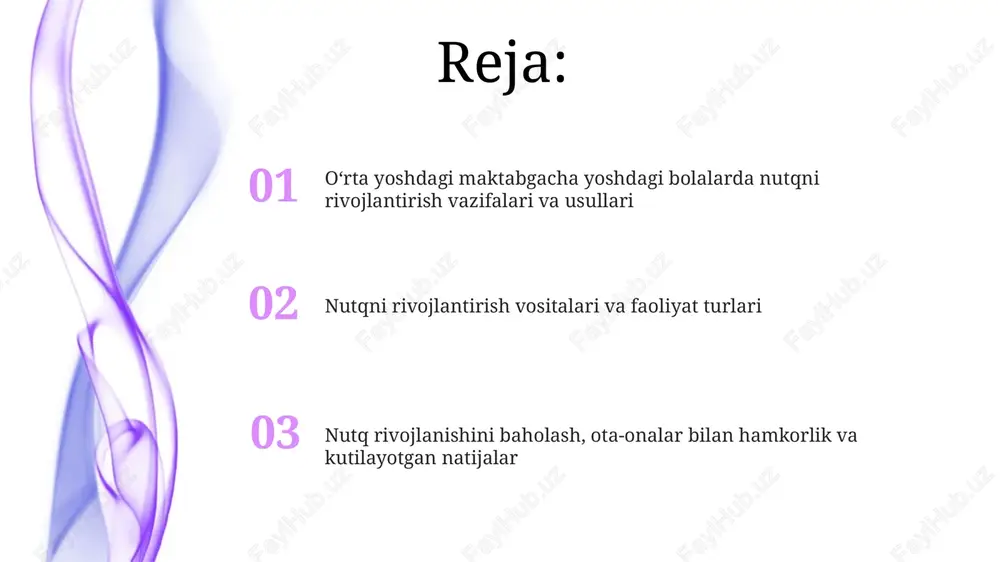 loglar orqali nutqni faollashtirishga undaydi, 10 tagacha so'zni o'z ichiga olgan oddiy gaplarni tuzishga yordam beradi. didaktik o'yinlar orqali nutqni rivojlantirish “kim nimani eshitadi?” didaktik oʻyini 4-5 yoshli bolalarda diqqatni jamlash va tovushlarni ajratish qobiliyatini rivojlantiradi, nutqning fonetik tomonini takomillashtiradi. “soʻzlarni yigʻish” didaktik oʻyini orqali bolalar 10 ta yangi soʻz oʻrganishlari, soʻz boyligini oshirishlari va 5 boʻgʻindan iborat soʻzlarni toʻgʻri talaffuz qilishlari mumkin. “nima oʻzgardi?” oʻyini 5-6 yoshli bolalarga 7 xil ob’ektni eslab qolish, ularni nomlash va oʻzgarishlarni ogʻzaki ravishda tushuntirish orqali nutqni rivojlantirishga yordam beradi. og'zaki xalq ijodiyotining nutq rivojiga ta'siri topishmoqlar bolalarda mantiqiy fikrlashni shakllantiradi va ularning tahliliy qobiliyatlarini oshiradi, bu esa 5 yoshli bolalarning nutqiy rivojlanishida muhim ahamiyatga ega. og'zaki xalq ijodi, ayniqsa ertaklar, bolalarning lug'at boyligini 1000 dan ortiq so'zga kengaytiradi va grammatik to'g'ri gap tuzish ko'nikmalarini rivojlantiradi. xalq qo'shiqlari va laparlari bolalarning ritmik hissini rivojlantiradi va nutqning ohangdorligini shakllantiradi, bu 4-5 yoshdagi bolalarning talaffuzini yaxshilashga …