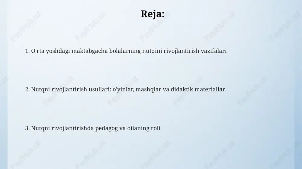 7 ta so'zdan iborat murakkab gaplarni tuzishi va grammatik qoidalarga rioya qilishi kerak. ushbu bosqichda bolalar o'z fikrlarini aniq ifodalashga, hikoyalar tuzishga va atrof-muhitdagi narsalarni tavsiflashga qodir bo'lishi, shuningdek, savollarga to'liq javob bera olishi lozim. nutq rivojlanishida sensorika va motorikaning roli sensorika 5 ta sezgi organlari (ko'rish, eshitish, hidlash, ta'm bilish, teginish) orqali ma'lumot qabul qilishni ta'minlaydi, bu esa nutqni tushunish va shakllantirish uchun asos bo'ladi. mayda motorika qo'l va barmoqlarning aniq harakatlarini o'z ichiga oladi; 2-3 yoshda bu harakatlar nutqning rivojlanishi uchun muhim, chunki miya markazlari o'zaro bog'liq. og'iz bo'shlig'i motorikasi (til, lablar, jag') 30-40 ta mushakning muvofiqlashtirilgan harakatini talab qiladi, bu esa tovushlarni to'g'ri talaffuz qilish va nutqni aniq shakllantirish uchun zarur. nutqiy o'yinlar va mashqlar «kim koʻproq harakat bajaradi?» mashqi bolalarga 2 daqiqa ichida hayvonlar harakatlariga taqlid qilishni taklif etadi, bu esa motorika va nutqni bogʻlaydigan 5-6 ta yangi soʻzlarni oʻrganishga yordam beradi. «nimani tasvirlayman?» oʻyini orqali …