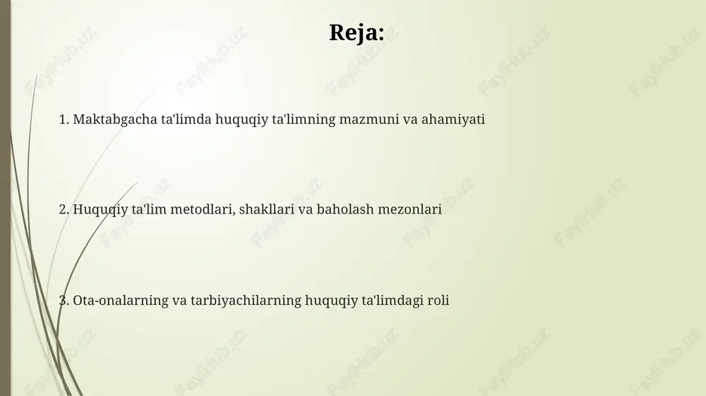 ish, ularning mashinalariga o'tirmaslik, uy manzili va telefon raqamini aytmaslik qoidalari 3-4 yoshdan boshlab o'rgatilishi zarur. o'zini va o'zgalarni hurmat qilish, adolat va tenglik tushunchalari o'zini hurmat qilish – bu 1-navbatda o'z qadrini anglash, 2-navbatda esa o'z fikrini himoya qilish va 3-navbatda o'z chegaralarini belgilashdir. adolat tushunchasi, 5 yoshdan katta bolalar uchun, hamma uchun 1 xil qoidalar va imkoniyatlar yaratishni anglatadi hamda har kim o'z hissasi bo'yicha baholanishidir. tenglik – bu 100% bir xillik emas, balki har bir bolaning ehtiyojlarini inobatga olgan holda 4-guruhda teng imkoniyatlar yaratishdir. huquq ustuvorligi va ijtimoiy me'yorlar haqida dastlabki tushunchalar ijtimoiy me'yorlar - bu odamlar jamoada (masalan, 7 kishilik guruhda) qanday xulq-atvorga ega bo'lishi kerakligi haqidagi oddiy qoidalar, masalan, navbat bilan o'ynash. qonun ustuvorligi – bu hamma, hatto katta yoshdagilar ham 101-moddaga binoan qonunga bo'ysunishi kerak degani, bolalar esa bog'chada qoidalarga rioya qilishlari kerak. qonun ustuvorligi jamiyatda 5ta asosiy qadriyatni himoya qilishga yordam beradi, shuning …