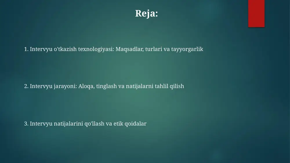 a'lumot to'plash, bu bolani har tomonlama rivojlantirish strategiyasini ishlab chiqishda muhimdir. intervyu turlari (individual, guruhli, ota-onalar bilan) individual intervyular bolaning shaxsiy rivojlanish xususiyatlarini aniqlashga qaratilgan bo'lib, unda 10-15 daqiqa davomida bolaning qiziqishlari va qobiliyatlari haqida ma'lumot to'planadi. guruhli intervyular bolalarning ijtimoiy ko'nikmalarini baholash uchun o'tkaziladi, bunda 5-6 nafar bola ishtirok etib, ular o'rtasidagi munosabatlar va hamkorlik darajasi kuzatiladi. ota-onalar bilan intervyular bolaning uy sharoitidagi muhiti, tarbiyasi va rivojlanishiga oid muhim ma'lumotlarni olishga yordam beradi, bu esa 30-45 daqiqa davom etishi mumkin. intervyu o'tkazishga tayyorgarlik (savollar tuzish, materiallar tayyorlash) intervyu uchun zarur materiallar, masalan, bolaning rasmlari, ish daftarlari va kuzatuv varaqalari tayyorlanadi, bu esa 3 xil ma'lumot manbaini ta'minlaydi. intervyu o'tkazishga tayyorgarlikda 10-15 ta asosiy savollar tuzish zarur, ularning 60%i ochiq turdagi bo'lib, bolaning xatti-harakatlari haqida ma'lumot beradi. savollar tuzishda 5w1h usulidan foydalanish (who, what, when, where, why, how) bolaning rivojlanishi haqida to'liq va aniq ma'lumot olishga yordam beradi. savollarni tuzish …