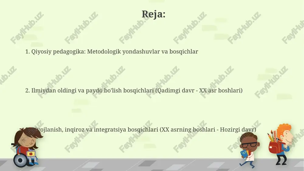 di. syllabus yo'nalishining namunaviy va ishchi oʻquv rejasiga muvofiq tuziladi. 5110900 - pedagogika va psixologiya yo'nalishi kabi talablar ham mazkur hujjatda ko'rsatiladi va bu muhim hisoblanadi. oʻtilayotgan fanning asosiy nazariy materiali qiyosiy pedagogikaning 1-bosqichi (ilmiydan oldingi) qadimgi davrlardan xix asrgacha bo'lgan davrni qamrab oladi, bunda turli mamlakatlarda ta'lim-tarbiya masalalari falsafa fani doirasida ko'rib chiqilgan. qiyosiy pedagogikaning 2-bosqichi (paydo bo‘lish) xix asr oxiridan xx asr boshlarigacha bo‘lgan davrni qamrab oladi, bunda ta'lim tizimidagi rivojlanish tendensiyalari ilmiy yondoshuv bilan tahlil qilindi. glossariy qiyosiy pedagogikada "ta'lim, tarbiya" kabi umumiy pedagogik va psixologik kategoriyalar qoʻllaniladi. komparativ tadqiqotlarning xos tushunchalariga qiyosiy pedagogika, pedagogik komparativistika kiradi. qiyosiy pedagogikada "maorif" atamasi kabi so'zlar umumiy pedagogika va psixologik kategoriyasi va tushunchalarini qoʻllaydi. komparativ tadqiqotlarning xos tushunchalariga qiyosiy taʼlim kiradi. foydalanilgan adabiyotlarning elektron shakli elektron shakldagi adabiyotlar, talabalarga masofadan turib, 24 soat davomida foydalanish imkoniyatini beradi va bu, oʻz navbatida, taʼlim sifatini oshirishga yordam beradi. adabiyotlarning elektron shakli, audio …