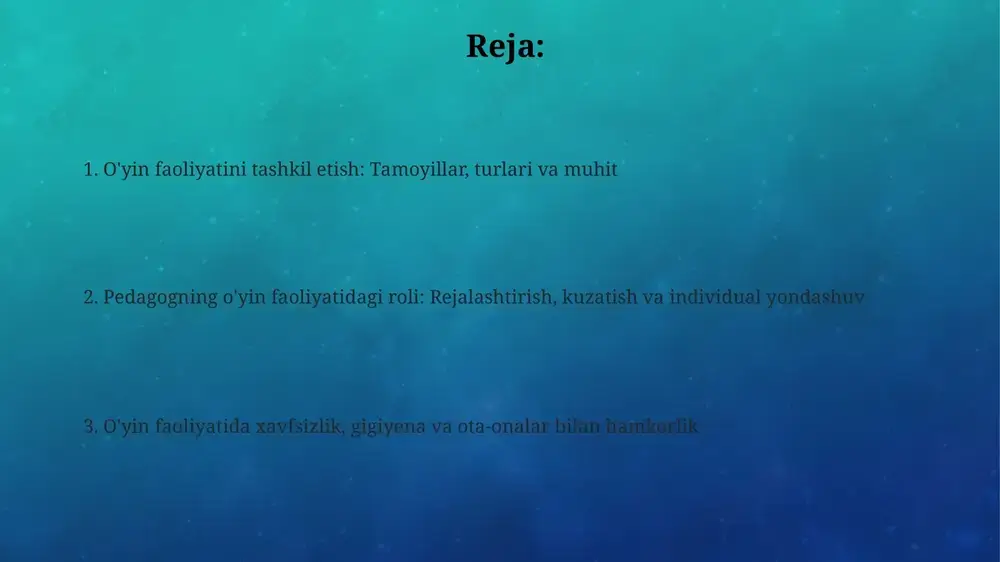ar uchun xavfsiz va qulay sharoit yaratadi, ularning roli esa faol ishtirokchi bo'lishdir. bolalarning rolini aniqlashda ularning 5 asosiy qobiliyatini inobatga olish lozim, bu: ijodkorlik, muloqot, muammolarni yechish, tanqidiy fikrlash va hamkorlik, shunda o'yin muhiti samarali bo'ladi. pedagogning o'yin faoliyatini rejalashtirishi va kuzatishi pedagog o'yinni rejalashtirishda bolalarning yosh xususiyatlarini (3-5 yosh) hisobga oladi, har bir guruh uchun 2-3 maqsadni aniq belgilaydi va ularga erishish yo'llarini ishlab chiqadi. kuzatuv jarayonida pedagog har bir bolaning o'yindagi rolini, ijtimoiy ko'nikmalarini va kognitiv rivojlanishini baholaydi, kamida 5 ta asosiy indikator bo'yicha qaydlar olib boradi. rejalashtirishda pedagog 7-10 kunlik o'yin faoliyati siklini tuzadi, unda turli xil o'yin turlari (rolli o'yinlar, didaktik o'yinlar) o'rin oladi va ularning maqsadlari aniq ko'rsatiladi. individual yondashuv va ota-onalar bilan hamkorlik ota-onalar bilan muntazam muloqot, masalan, har chorakda 1 martalik uchrashuvlar orqali bolaning uyidagi xatti-harakatlari va ehtiyojlari to‘g‘risida ma’lumot olish pedagog uchun muhimdir. har bir bola uchun individual ta’lim yo‘nalishini yaratish, …