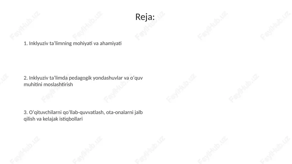 shini kuzatish uchun muhimdir. har bir bolaning individual ehtiyojlariga moslashgan holda, dasturlarni tuzishga yordam beradi hamda doimiy ravishda monitoringni ta’minlaydi. resurslar inklyuziv ta'lim uchun zarur. masalan, 10 nafar bolaga mo'ljallangan guruhda kamida 2 nafar yordamchi pedagog bo'lishi, metodik qo'llanmalar va maxsus o'quv materiallari bo'lishi kerak. muvaffaqiyatli amaliyotlar, qiyinchiliklar va kelajak istiqbollari muvaffaqiyatli amaliyotlar: individual rejalashtirish orqali har bir bolaning erta rivojlanish standartlariga erishishiga e'tibor qaratiladi, 70% bolalar ijobiy natijalarga erishmoqda. qiyinchiliklar: yetarli malakali mutaxassislar (defektologlar, logopedlar)ning kamligi, inklyuziv ta'lim uchun 40% tashkilotlarda zarur sharoitlar yaratilmagan. e'tiboringiz uchun rahmat image3.jpg image4.jpg image5.jpg image6.jpg image7.jpg image8.jpg image1.jpeg image2.jpeg
