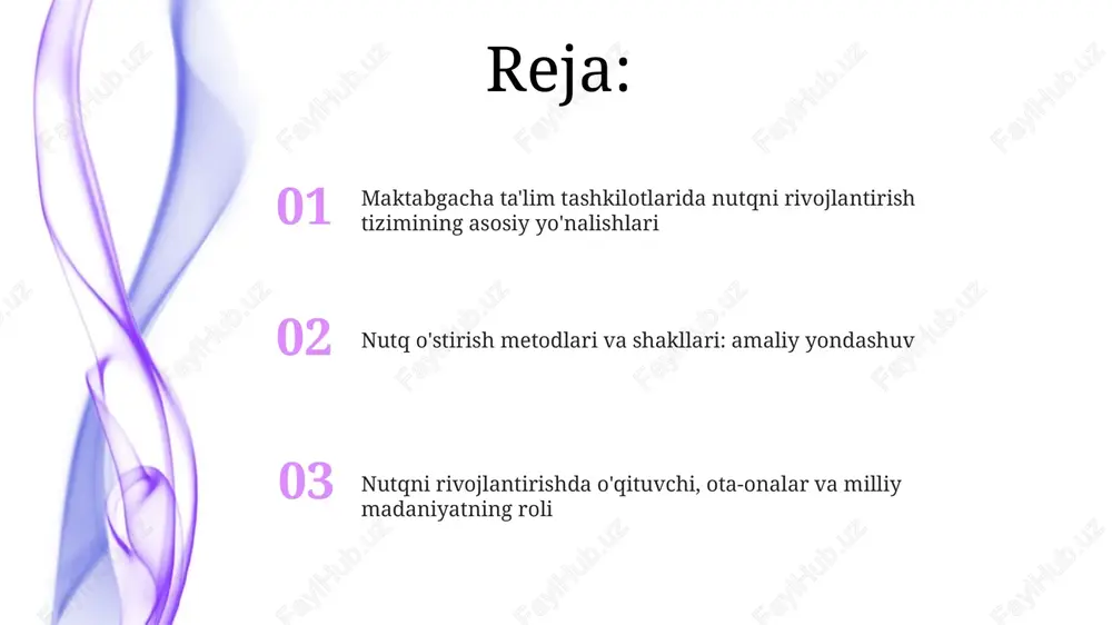 sh kerak. 3 yoshli bolalar uchun nutqni rivojlantirishda oddiy so'zlarni o'rgatish, 2-3 so'zdan iborat gaplar tuzishga e'tibor qaratish lozim, chunki ularning diqqat markazlashuvi qisqa. 5-6 yoshli bolalarda bog'langan nutqni rivojlantirish uchun hikoyalar tuzish, rasmlar asosida gapirish, voqealarni mantiqiy ketma-ketlikda bayon qilish mashqlarini qo'llash muhim. lug'at ishi, grammatik qurilish va bog'langan nutqni rivojlantirish lug'at ishi 3-4 yoshda bolalarda mavzuga oid 10-15 ta so'zdan iborat lug'atni shakllantirishga qaratiladi, rang, shakl va hajmni ifodalovchi sifatlar qo'shiladi. grammatik qurilishda ko'plikni hosil qilish, kelishik qo'shimchalarini to'g'ri ishlatish va 5-6 so'zdan iborat oddiy gaplarni tuzishga e'tibor qaratiladi. bog'langan nutqni rivojlantirish uchun rasmlar asosida 3-4 ta gapdan iborat qisqa hikoyalar tuzish, ertaklarni qayta hikoyalash va savollarga to'liq javob berish mashqlari qo'llaniladi. fonetik-fonematik rivojlanish va nutq nuqsonlarini bartaraf etish fonematik rivojlanish tovushlarni farqlash qobiliyatini o'z ichiga oladi. 4 yoshda bolalar tovushlarni ajrata olishi kerak, aks holda disleksiya va dizgrafiya kabi muammolar kelib chiqishi mumkin. fonetik rivojlanishda 5-6 yoshli …