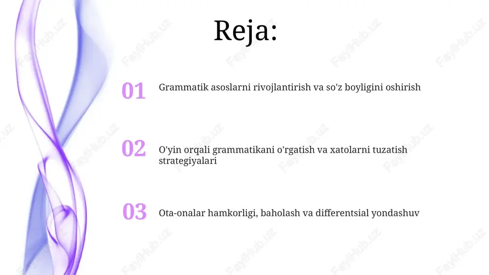 biliyatini 2 barobar oshirish mumkin. xatolarni tuzatishning samarali usullari bolalarni tuzatishda "echo takrorlash" usulidan foydalaning: notoʻgʻri gapni qaytaring, ammo toʻgʻri shaklda, masalan, "men bordi" oʻrniga "ha, siz bordingiz". xatolarni tuzatishda "oʻz-oʻzini tuzatish"ga urgʻu bering: savollar bilan yoʻnaltiring, masalan, "bu toʻgʻri aytildimi?" va bolaga oʻz xatosini topishga imkon bering. "kontekstli tuzatish" metodini qoʻllang: xatoni shunchaki tuzatmang, balki gapning maʼnosini tushuntiring va toʻgʻri grammatik qoidani sodda qilib misollar bilan koʻrsating. ota-onalar bilan hamkorlik: muvaffaqiyat kaliti uyda 15 daqiqa davomida ota-onalar tomonidan qo'llab-quvvatlangan o'yinlar so'z boyligini 30% ga oshiradi va bolaning gap tuzish qobiliyatini yaxshilaydi. ota-onalar bilan erta va muntazam muloqot orqali 80% bola rivojlanishida sezilarli ijobiy o'zgarishlarni kuzatish mumkin, ayniqsa grammatika asoslarini o'rganishda. ota-onalarning 3 ta asosiy rolini (namuna ko'rsatish, takrorlash va rag'batlantirish) amalga oshirish orqali bolalar grammatik jihatdan to'g'ri gaplarni tezroq o'rganadilar. nutqiy rivojlanishni baholash va kuzatish baholash jarayonida bolaning gaplashish tezligi va gap uzunligi (mlu) kabi metrikalarni o'lchash mumkin, bu …