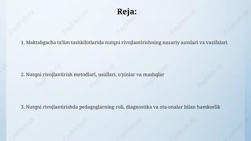 obiliyatlarini rivojlantiradi. monologik nutq usuli orqali bolalar 3-5 daqiqa davomida hikoya aytishga o'rgatiladi. bu nutq ravonligi va mantiqiyligini oshiradi, lug'at boyligini oshiradi. nutq o'stirish bo'yicha o'yinlar va mashqlar nutq o'stirish uchun "kim nima dedi?" o'yini 3-4 yoshli bolalarga tovushlarni aniq talaffuz qilishni o'rgatadi, kartochkalardan foydalanib, hayvonlarning ovozlarini taqlid qilish orqali nutqni rivojlantiradi. "so'zni top" mashqi 5-6 yoshdagi bolalarga so'z boyligini oshirishga yordam beradi. pedagog bir so'zni aytadi, bolalar esa unga o'xshash yoki qarama-qarshi ma'noli so'zlarni topishlari kerak. "rasmga qarab hikoya tuzish" o'yini 4-5 yoshli bolalarning grammatik tuzilishini yaxshilaydi. har bir bolaga rasm beriladi va ular undagi voqealarni ketma-ket hikoya qilishlari kerak. nutq rivojlantirishning yosh xususiyatlari 4-5 yoshda bolalar murakkabroq gaplar tuzish, savollarga javob berish va kichik hikoyalar aytib berish qobiliyatiga ega bo'ladi, ularning talaffuzi sezilarli darajada yaxshilanadi. 3 yoshda bolalar 250-700 so'zdan iborat lug'atga ega bo'ladi va oddiy gaplarni tuzishni boshlaydi, shuningdek, so'zlarning grammatik shakllarini moslashtirishda xatolarga yo'l qo'yishi mumkin. …