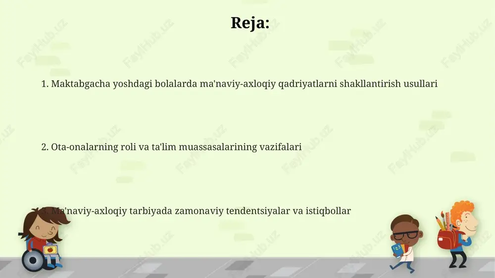 muhim rol o'ynaydi. ta'lim muassasalari 5 yoshgacha bo'lgan bolalarga empatiya, hurmat va adolat tuyg'ularini singdirishi kerak; bu, ayniqsa, axloqiy dilemmalarni hal qilishda muhim ahamiyatga ega. madaniyat, an'analar va dinning ta'siri madaniyat bolalarga 10 ta asosiy odob-axloq qoidalarini o'rgatadi, masalan, hurmat, rahm-shafqat va adolat, bu esa ularning shaxsiy rivojlanishiga yordam beradi. an'analar oilaviy rishtalarni mustahkamlaydi, bolalarda milliy o'zlikni anglash tuyg'usini shakllantiradi va 7 yoshdan boshlab qadriyatlarni o'rgatishga yordam beradi. din bolalarga 5 asosiy axloqiy tamoyilni singdiradi, shu jumladan, mehr-oqibat va kechirimlilik, ularning jamiyatda erta ijtimoiy moslashuviga hissa qo'shadi. badiiy adabiyot, san'at va bolalar adabiyotining roli san'at, xususan, tasviriy san'at, bolalarning 5 ta sezgi organini rivojlantirib, ularda go'zallik va nafosatga muhabbat uyg'otadi hamda hissiy dunyosini boyitadi. badiiy adabiyot bolalarga yaxshilik va yomonlik tushunchalarini tushuntiradi, ularni 2 asosiy tamoyil orqali axloqiy me'yorlarga o'rgatadi. bolalar adabiyoti, masalan ertaklar, bolalarda 3 yoshdan boshlab o'zaro hurmat, mehr-oqibat va hamjihatlik kabi muhim fazilatlarni shakllantirishga yordam beradi. zamonaviy …