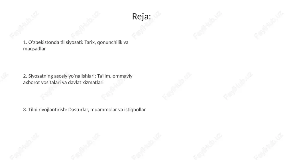 ustuvor ahamiyat beriladi, barcha bosqichlarda o‘zbek tilini mukammal o‘rganish uchun kamida 68 soat ajratiladi, bu darslar sifatini oshirishga qaratilgan. ommaviy axborot vositalarida til siyosati ommaviy axborot vositalarida davlat tili ustuvorligi qonunchilik bilan mustahkamlangan, kamida 60 foiz efir vaqtini o‘zbek tilidagi kontentga ajratish talabi mavjud. telekanallar va radiostansiyalar xorijiy filmlarni o'zbek tiliga professional dublyaj qilish yoki subtitrlar bilan ta'minlash majburiyatiga ega, sifat nazorati davlat tomonidan olib boriladi. davlat ommaviy axborot vositalari milliy madaniyatni targ'ib qiluvchi, til boyligini namoyon etuvchi 25 dan ortiq yangi loyihalarni har yili efirga uzatishni rejalashtirgan. davlat xizmatlarida til siyosati davlat xizmatchilari malakasini oshirish dasturlari 70% davlat tilida savodxonlikni oshirishga qaratilgan bo'lib, bu 2025 yilgacha davom etadigan maqsadlar bilan belgilangan. 2023-yilgi qonunga ko'ra, barcha davlat idoralarida kamida 2 ta til (o'zbek va boshqa) bo'yicha xizmat ko'rsatish uchun maxsus bo'limlar tashkil etiladi. davlat xizmatlarida rasmiy yozishmalarning 95 foizi o'zbek tilida olib borilishi belgilangan bo'lib, bu qoida buzilgan taqdirda jarimalar …
