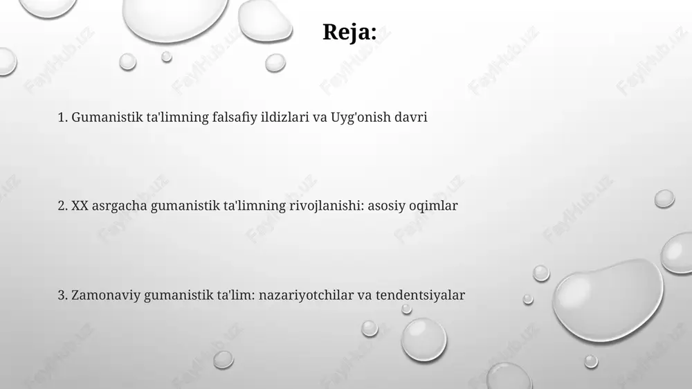 tajriba va tabiat bilan aloqani urg'uladi, bu esa ta'limda individual ehtiyojlarga e'tiborni kuchaytirdi. progressiv ta'lim asoschilari: russo, pestalozzi, froebel russo tabiiy ta’limni targ’ib qildi, bolani 5 bosqichda rivojlantirishga e’tibor qaratdi va jamiyatning buzuvchi ta’siridan himoya qilishni ta’kidladi. pestalozzi kuzatish orqali oʻrganishga urgʻu berdi va “bosh, qoʻl va yurak” deb nomlangan “ta’limning 3 elementi”ga muvofiq yondashuvni yaratdi. froebel “bolalar bogʻchasi” tushunchasini ishlab chiqdi va “oʻyin bolaning ishi” ekanligini ta’kidladi, bu esa 20 dan ortiq “sovg’alar”dan foydalanishni qo’llab-quvvatladi. ekzistensializm, fenomenologiya va gumanistik psixologiya fenomenologiya, xusserl tomonidan asos solingan, ongning tajribaga qaratilganligini o'rganadi. ta'limda bu o'quvchining subyektiv tajribasini 1-darajali ahamiyatga ega deb hisoblab, o'qitishni moslashtirishni talab etadi. ekzistensializm erkinlikni ta'kidlaydi, har bir inson o'z ma'nosini yaratadi, 20-asr falsafasida shaxsiy tanlov va mas'uliyatga e'tibor qaratadi. bu ta'limda o'quvchilarning o'z-o'zini anglashini kuchaytiradi. gumanistik psixologiya, maslouning ehtiyojlar piramidasi bilan mashhur, insonning o'z salohiyatini ro'yobga chiqarishga intilishini ta'kidlaydi. rojers esa 19 ta'limda shaxsga yo'naltirilgan o'qitishga urg'u beradi. …