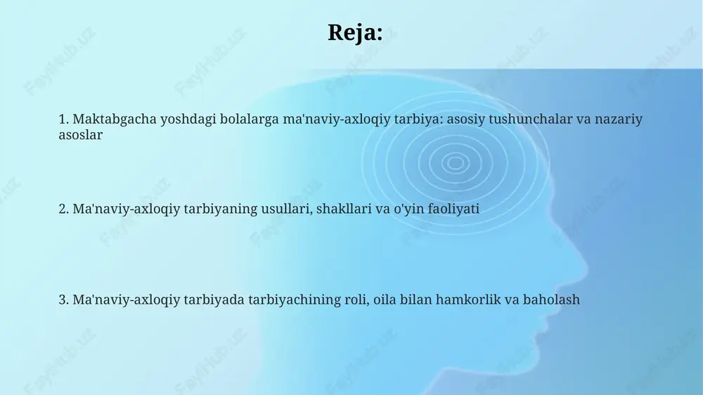 tti-harakatlarning sabablarini tushuntirish muhim. o'yin faoliyatida 'rol o'yinlari' orqali bolalar 3-7 yoshda axloqiy dilemmalarni modellashtirib, hamkorlik va empatiya ko'nikmalarini rivojlantiradilar, qadriyatlarni o'rganadilar. didaktik o'yinlar, masalan, 'yaxshilik qutisi', bolalarga 4-6 yoshda yaxshi va yomon xatti-harakatlar o'rtasidagi farqni tushunishga yordam beradi, axloqiy me'yorlarni mustahkamlaydi. badiiy adabiyot va axloqiy suhbatlar orqali tarbiya badiiy adabiyot erta yoshdan bolalarda 10 ta asosiy axloqiy qadriyatlarni singdirishda muhim rol o'ynaydi; ertaklar orqali yaxshilik va yomonlik tushunchalari shakllanadi. axloqiy suhbatlar, ayniqsa 3-5 yoshdagi bolalar bilan o'tkazilganda, ularning empatiya darajasini 20% ga oshiradi va o'zaro hurmatni rivojlantiradi. kitob qahramonlari misolidan foydalangan holda axloqiy dilemmalar muhokama qilinadi, bu esa bolalarning muammolarni hal qilish qobiliyatini 15% ga yaxshilaydi. tarbiyachining roli va shaxsiy namuna shaxsiy namuna sifatida tarbiyachi 10 dan ortiq asosiy qadriyatlarni (halollik, adolat, hurmat) o'zida mujassam etishi, ularni kundalik hayotda namoyon qilishi zarur. tarbiyachi 5-6 yoshgacha bolalar uchun o'rnak bo'lib, uning xulq-atvori, so'zlari va qarorlari bolalarning axloqiy rivojlanishiga sezilarli ta'sir …