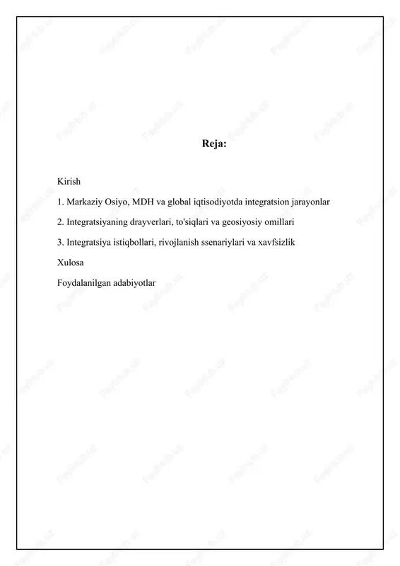 arni amalga oshirishga turtki bo'ldi. xususan, transport koridorlarini rivojlantirish bo'yicha faol ishlar olib borilmoqda, jumladan, "shimol-janub" va "g'arbiy yevropa – g'arbiy xitoy" yo'nalishlaridagi loyihalar. bu esa mintaqaning tranzit salohiyatini oshirishga xizmat qiladi. integratsiyaning zamonaviy tendentsiyalari, shuningdek, energetika sohasida ham kuzatilmoqda. markaziy osiyo davlatlari o'zlarining energiya resurslaridan birgalikda foydalanish va yangi energiya loyihalarini amalga oshirish bo'yicha hamkorlikni kuchaytirmoqda. misol uchun, casa-1000 loyihasi markaziy osiyo davlatlaridan janubiy osiyoga elektr energiyasini yetkazib berishni ko'zda tutadi. bundan tashqari, ekologik muammolarni hal qilish, suv resurslaridan oqilona foydalanish va iqlim o'zgarishiga moslashish bo'yicha hamkorlik ham muhim ahamiyatga ega. mdh doirasida integratsion hamkorlikning istiqbollari mdh doirasida integratsiya jarayonlari turli sohalarni qamrab oladi, lekin ularning samaradorligi turlicha. savdo-iqtisodiy hamkorlik, xususan, erkin savdo hududini yaratish bo'yicha urinishlar ayrim muvaffaqiyatlarga erishgan bo'lsada, hali to'liq amalga oshirilmagan. mdh davlatlari o'rtasida to'siqlarni bartaraf etish, tariflarni unifikatsiya qilish va investitsiya muhitini yaxshilash bo'yicha ishlar davom etmoqda. shu bilan birga, mdh doirasidagi siyosiy va …