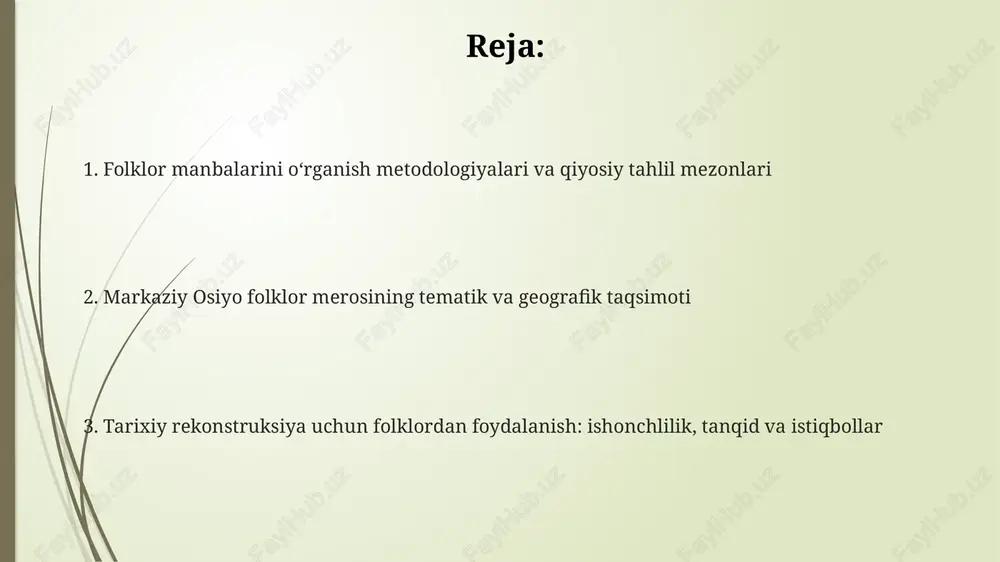 rajasi genetik aloqalarni koʻrsatadi. ishonchlilik uchun manbaning yozib olingan vaqti va muhiti muhim ahamiyatga ega. siyosiy, ijtimoiy-iqtisodiy va madaniy kontekstning folklorga taʼsiri siyosiy hokimiyatning o'zgarishi, masalan, 19-asrda rossiya imperiyasining kelishi, folklor syujetlariga yangi qahramonlar va ziddiyatlarni kiritdi. ijtimoiy-iqtisodiy tebranishlar, dehqonchilikdan ko'chmanchilikka o'tish yoki savdo yo'llarining o'zgarishi, folklor qahramonlarining turmush tarzi va qadriyatlarini belgiladi. madaniy almashinuv, xususan buyuk ipak yo'li davrida, turli xalqlar folkloridagi o'xshash motivlar va syujetlarning tarqalishiga sabab bo'ldi. din, eʼtiqodlar va tarixiy voqealarning folklor talqinida aks etishi amir temur davri kabi tarixiy voqealar folklorik rivoyatlarda ideallashtirilgan boʻlib, qahramonlik va adolat timsoli sifatida namoyon boʻladi, asl tarixiy faktlardan farq qilishi mumkin. folklorda islomgacha boʻlgan eʼtiqodlar, masalan, tabiat ruhlariga sigʻinish, islomiy anʼanalar bilan uygʻunlashgan holda aks etadi, bu ikki dinning oʻzaro taʼsirini koʻrsatadi. markaziy osiyo xalqlarining dostonlarida shomoniylik va zardushtiylik elementlari 7-8-asrlardagi arab istilolariga qarshi kurash tasvirlarida diniy qarashlarning rolini ochib beradi. folklor manbalarining ishonchliligi, tanqidi va tarixiy rekonstruksiya manbalarni …