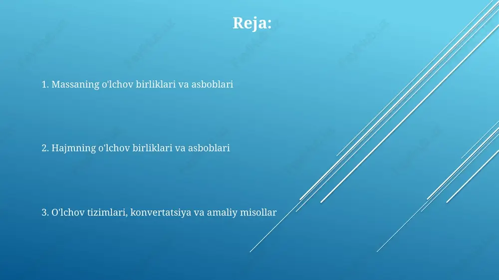 agi sanoat yuklarini o'lchashda qo'llaniladi. hajmni o'lchash asboblari o'lchovli silindrlar laboratoriyalarda aniq hajm o'lchash uchun ishlatiladi, odatda 10 ml dan 2000 ml gacha bo'lgan gradatsiyalarga ega va suyuqlikning hajmini aniq belgilash imkonini beradi. byuretkalar titrlash jarayonida juda aniq hajm o'lchash uchun ishlatiladi, odatda 25 ml dan 100 ml gacha bo'lgan hajmlarda bo'ladi va tomchilab o'lchash imkonini beradi. pipetkalar kichik hajmdagi suyuqliklarni o'lchash uchun ishlatiladi, masalan, 1 ml dan 25 ml gacha, va ularning aniqligi o'lchovlarning sifatiga ta'sir qiladi. o'lchov tizimlari (si, ingliz) va birliklarni konvertatsiya qilish 1 kilogramm taxminan 2.20462 funtga teng, 1 gallon esa taxminan 3.78541 litrga teng. birlikni konvertatsiya qilishda aniq koeffitsientlardan foydalanish muhim. si tizimida massa kilogramm (kg) da, hajm esa kub metr (m³) da o'lchanadi, ingliz tizimida esa massa funt (lb) da, hajm esa gallon (gal) da o'lchanadi. birlikni konvertatsiya qilishda ko'pincha ko'paytirish omillaridan foydalaniladi. masalan, santimetrni dyumga aylantirish uchun 2.54 ga bo'linadi (1 dyum = …