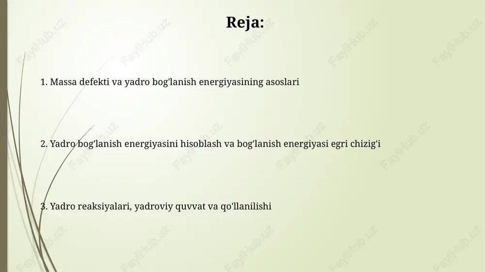 arorligini aniqlaydi. bog'lanish energiyasi egri chizig'i va uning ahamiyati bog'lanish energiyasi egri chizig'i atom yadrolarining barqarorligini massaga bog'liqlikda ifodalaydi, bu esa o'rtacha massa soniga ega bo'lgan yadrolar (temir-56 kabi) eng barqaror ekanligini ko'rsatadi. egri chiziqdagi eng yuqori nuqta temir-56 (⁵⁶fe) ga to'g'ri keladi, bunda har bir nuklonga to'g'ri keladigan bog'lanish energiyasi taxminan 8.8 mev ni tashkil etadi, bu yadroni juda barqaror qiladi. yadro reaksiyalarida energiya yadro reaksiyalarida energiya massa va energiyaning ekvivalentligi (e=mc²) tufayli ajralib chiqadi, bunda massa defekti energiya shakliga aylanadi, odatda mev larda o'lchanadi. yadro reaksiyalarida ajralib chiqadigan energiya miqdori reaksiyaga kirishayotgan va hosil bo'layotgan yadrolarning bog'lanish energiyasi farqi bilan belgilanadi. yadroviy quvvat: imkoniyatlar va xavflar yadroviy quvvat sezilarli imkoniyatni taqdim etadi: u katta miqdordagi elektr energiyasini ishlab chiqarishi mumkin, atrof-muhitga co2 emissiyasi 0.012 funt/kvts dan kam, bu esa iqlim o'zgarishini kamaytiradi. yadroviy chiqindilarning xavfi mavjud: ular ming yillar davomida radioaktivligicha qoladi, bu esa uzoq muddatli xavfsiz saqlashni …