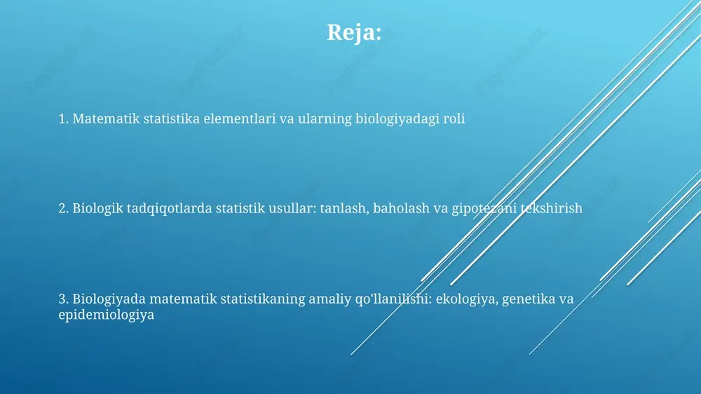 ir individ populyatsiyada tanlanish uchun teng 1/n imkoniyatga ega, bu xatolikni kamaytirishga yordam beradi. biologiyada normal taqsimot ko'pincha fenotipik xususiyatlarni (masalan, bo'y, vazn) tasvirlashda ishlatiladi, bunda o'rtacha qiymat atrofida 68% ma'lumotlar ± 1 standart og'ishda joylashgan. biologiyada baholash usullari: parametrlarni aniqlash va xatolikni baholash biologiyada baholash usullari populatsiyaning o'rtacha qiymatini (μ) aniqlash uchun namuna o'rtachasidan (x̄) foydalanadi, xatolikni esa standart xato (se = σ/√n) orqali baholaydi. genetikada allellarning chastotasini baholash uchun maksimal ehtimollik usuli (mle) qo'llaniladi, xatolik esa ishonch intervali (95% ci) yordamida ifodalanadi. ekologiyada tur sonini baholashda kaplan-meier usuli qo'llaniladi, xatolik darajasi esa 10% lik chegarada bo'lishi maqsadga muvofiqdir. biologik gipotezalarni tekshirish: statistik testlar va ahamiyatlilik darajasi t-test, anova, chi-kvadrat kabi statistik testlar biologik gipotezalarni tekshirishda qo'llaniladi, bunda test statistikasi va p-qiymati asosiy ko'rsatkichlar hisoblanadi. biologik gipotezalarni tekshirishda p-qiymati 0.05 ga teng bo'lgan ahamiyatlilik darajasidan foydalaniladi, bu natija tasodifiy bo'lish ehtimoli 5% dan kam ekanligini anglatadi. gipotezani tekshirish jarayonida …
