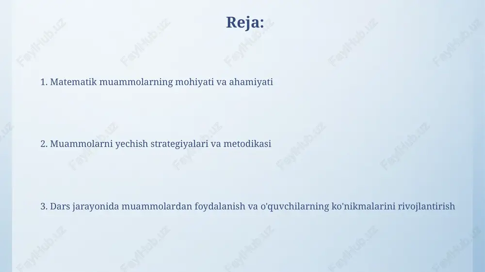 sh jarayonini (tushunish, rejalashtirish, yechish, baholash) amalga oshirish orqali fikrlash qobiliyatini rivojlantiradi. muammolarning murakkablik darajasi o'quvchilarning yoshiga mos bo'lishi kerak; masalan, 5-sinfda oddiy arifmetik amallarga oid, 9-sinfda esa algebraik tenglamalarga oid muammolar beriladi. baholash, o'zlashtirishni aniqlash va o'qituvchining roli baholash jarayonida o'quvchining nafaqat to'g'ri javobi, balki masala yechish yo'li, matematik mantiqi va 100% isbotlash qobiliyati inobatga olinishi muhim. o'zlashtirish darajasini aniqlashda diagnostik testlar, formativ baholash va summativ baholash kabi 3 xil usuldan foydalanish orqali o'quvchi bilimini to'liq baholash mumkin. zamonaviy yondashuvlar, texnologiyalar, misollar va xulosalar zamonaviy yondashuvlar, masalan, 3d modellashtirish kabi texnologiyalar geometriyani tushunishni yaxshilaydi, o'quvchilar fazoviy ob'ektlarni vizualizatsiya qilish orqali murakkab muammolarni yechishga yordam beradi. onlayn platformalar va interaktiv dasturlar adaptiv ta'limni ta'minlaydi, har bir o'quvchining individual ehtiyojlariga moslashtirilgan muammolarni beradi, natijada o'zlashtirish darajasi 25% ga oshadi. e'tiboringiz uchun rahmat image4.png image5.jpg image6.jpg image7.jpg image8.jpg image9.jpg image10.jpg image1.jpeg
