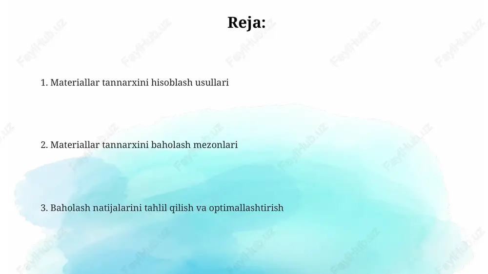 rajatlarini hisoblash materiallarni saqlash xarajatlariga ombordagi xodimlarning ish haqi, ijaraga olingan maydon uchun to'lovlar va 2% amortizatsiya xarajatlari kiradi. ular umumiy saqlash xarajatlarini tashkil etadi. saqlash xarajatlarini hisoblashda materiallarning o'rtacha inventarizatsiya qiymati muhim. masalan, o'rtacha inventarizatsiya qiymati 10,000,000 so'm bo'lsa, saqlash xarajatlari shunga mutanosib bo'ladi. saqlash xarajatlarining umumiy miqdori materiallar tannarxiga ta'sir qiladi. saqlash xarajatlari material narxining 5-10% ini tashkil qilishi mumkin, bu esa xarajatlarni hisoblashda muhimdir. ishlab chiqarishga sarflangan materiallar tannarxini aniqlash materiallar tannarxini aniqlashda fifo (birinchi kirim-birinchi chiqim) yoki o'rtacha tortilgan narx usullari qo'llanilishi mumkin, bu usullar zahiralarning narxini baholashga yordam beradi. ishlab chiqarishga sarflangan materiallar tannarxini aniqlashda birinchi navbatda asosiy xom ashyo narxi, transport xarajatlari va xarid qilish xarajatlari hisobga olinadi. ishlab chiqarish materiallari tannarxiga bevosita materiallar narxi bilan bir qatorda, qo'shimcha xarajatlar, masalan, bojxona to'lovlari va sug'urta xarajatlari ham kiritilishi mumkin. materiallarni baholash usullari (fifo, lifo, o'rtacha) oʻrtacha baholash usuli barcha materiallarning umumiy qiymatini ularning soniga …