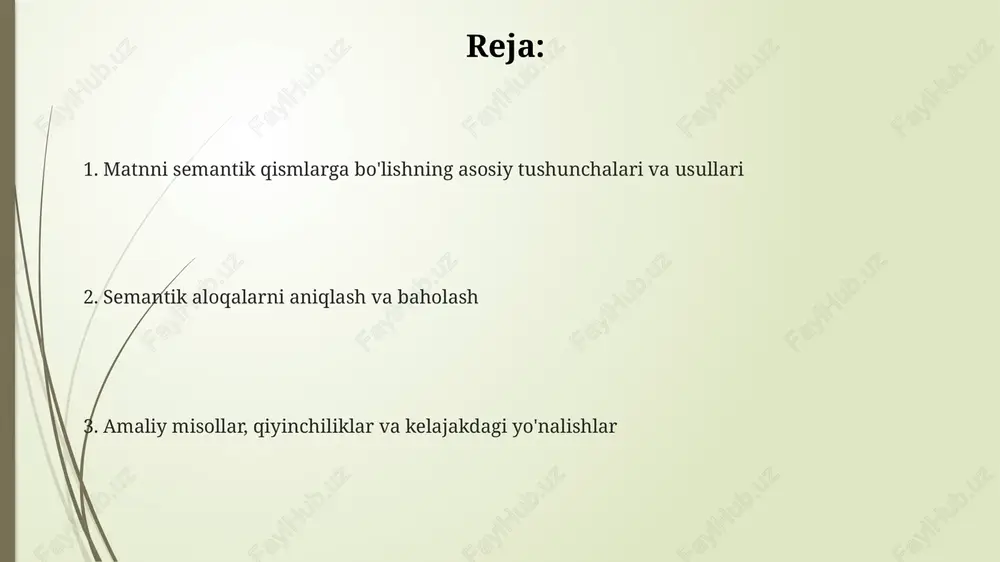 ona, turar joy)ni biladi. sintaktik semantika gap tuzilishiga e'tibor qaratadi va so'zlarning birikish qoidalarini tahlil qiladi; masalan, 'mushuk stulda o'tiribdi' gapida 2 ta ot va 1 ta fe'l mavjud. matnni segmentlash algoritmlari va semantik aloqalarni aniqlash matnni segmentlash algoritmlari, masalan, c4.5 va k-means, so'zlarning chastotasi va kontekstiga asoslangan holda matnni semantik guruhlarga ajratadi. semantik aloqalarni aniqlash usullari, jumladan wordnet va glove, so'zlarning semantik ma'nolarini tahlil qilib, ular o'rtasidagi munosabatlarni 0 dan 1 gacha baholaydi. lsa (latent semantic analysis) algoritmi matndagi yashirin semantik bog'lanishlarni aniqlash uchun singular qiymat dekompozitsiyasidan (svd) foydalanadi va uning o'lchami n×n matritsadan olinadi. baholash metrikalari va dasturiy ta'minot vositalari matnni semantik segmentlash uchun nltk va spacy kabi dasturiy ta'minot vositalari leksik tahlil, gaplarni ajratish va nomlangan ob'ektlarni aniqlash kabi funksiyalarni ta'minlaydi. aniqlik, eslash va f1 ball kabi baholash metrikalari segmentlash natijalarini baholash uchun ishlatiladi. 0 dan 1 gacha bo'lgan qiymatlar bilan aniqlik to'g'ri segmentlangan qismlarning ulushini o'lchaydi. …