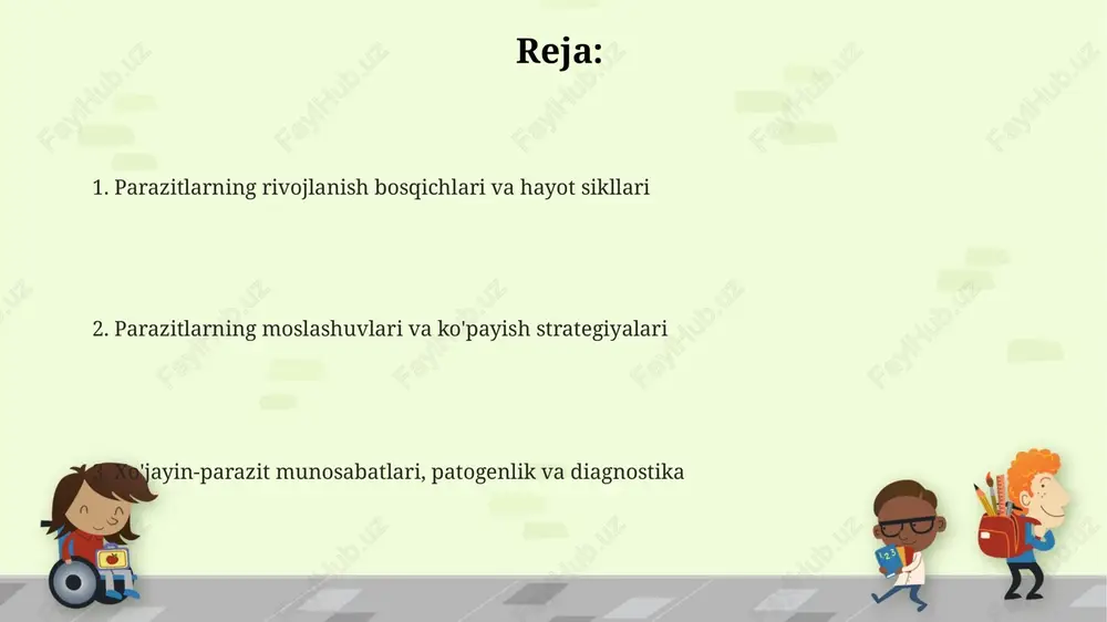 t hazm qilish fermentlaridan himoya qiladi. bu himoya ularning ichki organlarini shikastlanishdan saqlaydi. fiziologik moslashuvlar parazitlar osmotik bosimni ushlab turish uchun maxsus fiziologik moslashuvlarga ega, masalan, 100 mm treqalozani sintez qilish va saqlash, bu ularning ichki muhitini gipotonik sharoitdan himoya qiladi. anoksik muhitda yashovchi parazitlar energiya olish uchun glikolizga moslashgan, bu esa ularga kislorodsiz sharoitda atfning 2 molekulasini ishlab chiqarish imkonini beradi. ko'pgina ichki parazitlar xostning fermentlariga qarshi tura oladigan maxsus fermentlar, masalan, proteaz inhibitörlerini ishlab chiqaradi, bu ularning omon qolishi uchun juda muhimdir. ko'payish strategiyalari ba'zi parazitlar, masalan, trematodalar, partenogenez orqali jinssiz ko'payadi, bu esa bitta urg'ochining urug'lantirilmagan tuxumdan yangi shaxslarni ishlab chiqarishiga imkon beradi va bu tez ko'payishga olib keladi. parazitlar ko'pincha beqaror muhitda omon qolish uchun juda ko'p miqdorda avlod ishlab chiqaradilar, masalan, bitta ascaris urg'ochisi kuniga 200 000 tagacha tuxum qo'yishi mumkin. ko'pgina parazitlar jinsiy va jinssiz ko'payishni birlashtirgan avlod almashinuviga ega; masalan, plasmodium chivin ichida …