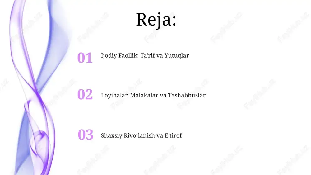 yerda men yangi fikrlarni taqdim etdim va ularni tashkil etishga yordam berdim. men jamoatchilikka foydali bo'lgan 2 ta shahar miqyosidagi tadbirni tashkil etishda ishtirok etdim va men volontyorlar guruhiga rahbarlik qilib, tashkilotchilik qobiliyatimni namoyish etdim. hamkasblar va o'qituvchilarning fikrlari o'qituvchilar kirishning ijodiy faolligi, jumladan, 7 ta sinfdan tashqari tadbirlarda faol ishtirok etishi va 5 ta yangi tashabbus ko'rsatishini doimiy ravishda yuqori baholaydilar. hamkasblar kirishning g'oyalar yaratishdagi aql bovar qilmas qobiliyatini ta'kidlashadi, u 10 dan ortiq loyihalarda innovatsion yechimlar taklif qilib, loyihaning muvaffaqiyatiga hissa qo'shgan. guruhdoshlar kirishning har bir loyihada 80% dan ortiq ishtirok etishini qadrlashadi va uning 3 yillik o'qish davomida taklif etgan ajoyib yechimlarini alohida e'tirof etishadi. mukofotlar va e'tirof mening ijodiy faoliyatim 10 dan ortiq maqola va taqdimotlarda namoyon bo‘ldi, ularning har biri turli tanlovlarda diplom va rag‘batlantiruvchi mukofotlarga sazovor bo‘ldi. ijodiy loyihalar bo‘yicha 3 ta eng yaxshi mukofotni qo‘lga kiritdim, shu jumladan 1-o‘rin, tanqidchilar e’tirofi va 500 …
