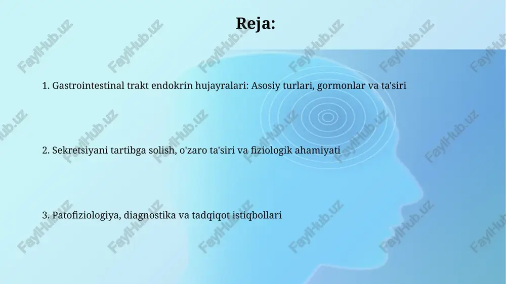 u me'da kislotasini zararsizlantirish uchun oshqozon osti bezidan bikarbonat sekretsiyasini stimullaydi va optimal phni ta'minlaydi, ovqat hazm qilish fermentlarining faoliyatini qo'llab-quvvatlaydi. patofiziologiyasi: o'smalar va endokrin kasalliklar gastrointestinal o'smalar, masalan, karsinoidlar, serotonin kabi gormonlarni haddan tashqari ishlab chiqarishi mumkin, bu esa karsinoid sindromi, shu jumladan, diareya va yuz qizarishiga olib keladi. gastrinoma kabi endokrin kasalliklar gastrinni ko'p ishlab chiqaradi, bu me'da kislotasining ko'payishiga olib keladi va natijada zollinger-ellison sindromi bilan peptik yaralar paydo bo'ladi. diagnostika usullari gistokimyo fermentlarni aniqlash uchun ishlatiladi, masalan, o'smalarning differentsiatsiyasini baholashda muhim bo'lgan gastrinni ishlab chiqaruvchi g hujayralarida gastrinaza faolligi. immuno-gistokimyo endokrin hujayralarini aniqlashda o'ziga xosligi va sezgirligi yuqori bo'lgan gormonga xos antitelalardan foydalanadi va hujayralar turini aniq tasniflaydi. davolash strategiyalari va tadqiqot istiqbollari somatostatin analoglari (masalan, oktreotid) gep-net o'smalari kabi endokrin o'smalarni davolashda qo'llaniladi, gormon sekretsiyasini inhibe qiladi va simptomlarni kamaytiradi, taxminan 60-70% hollarda samarali. glp-1 retseptorlari agonistlari (masalan, liraglutid) nafaqat 2-toifa diabetni davolashda, balki ichak …