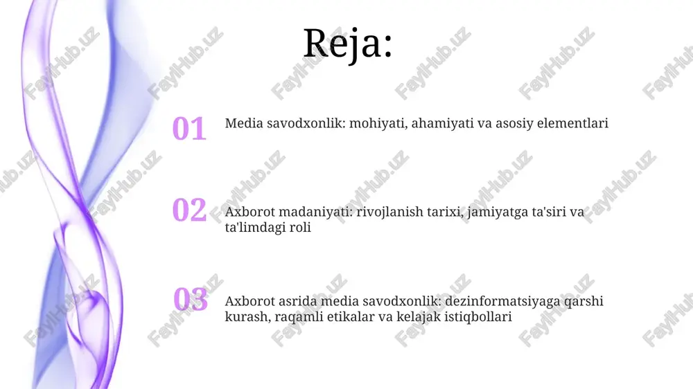rivojlantirish uchun 5w1h (kim, nima, qachon, qayerda, nima uchun, qanday) usulidan foydalaning, manbalarni tekshirish uchun 3 ta ishonchli faktga e'tibor qarating. media savodxonlik darslarida interaktiv usullardan foydalanish, 2.0 vositalari bilan ishlash ko'nikmalarini oshirish, masalan, infografika yaratish yoki 4 qadamli tahlil o'tkazish. axborot xavfsizligini ta'minlash bo'yicha 7 qoidalarga amal qiling, shaxsiy ma'lumotlarni himoya qilish, 6 turdagi dezinformatsiyani aniqlash bo'yicha mashg'ulotlar o'tkazing. axborot madaniyati va jamiyat axborot madaniyati ijtimoiy tuzilmalarga ta'sir etib, siyosiy qarorlar qabul qilishda 5g texnologiyalaridan foydalanish darajasini oshiradi va fuqarolik ishtirokini rag'batlantiradi. axborot madaniyati jamiyatda 24/7 yangiliklar aylanishi natijasida shakllanadi, bu esa odamlarning ma'lumotni qabul qilish va baholash usullarini o'zgartiradi. axborot madaniyati 21-asrda jamiyatda shaxsiy ma'lumotlarning himoyasini ta'minlash va kiberxavfsizlikni kuchaytirish orqali ijtimoiy barqarorlikni saqlashda muhim rol o'ynaydi. dezinformatsiya va unga qarshi kurash so'nggi tadqiqotlar shuni ko'rsatdiki, 70% odamlar ijtimoiy tarmoqlarda dezinformatsiyaga duch kelishadi. bunga qarshi kurashda 3 ta asosiy yo'nalish: ta'lim, texnologiya va qonunchilik muhim ahamiyatga ega. dezinformatsiyaga …