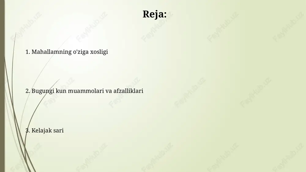 paxta va g'alla yetishtirish bilan mashhur. oxirgi 5 yilda organik mahsulotlarga talab ortishi kuzatildi. muammolar va afzalliklar muammo: transport tirbandligi ertalabki va kechki soatlarda asosiy ko'chalarda 30 daqiqadan ortiq davom etadi, bu esa havo ifloslanishini 15% ga oshiradi. afzallik: mahalliy park hududi 5 gektardan ortiq bo'lib, unda sport maydonchalari va 2 km uzunlikdagi piyoda yo'laklari aholining sog'lom turmush tarzini qo'llab-quvvatlaydi. kelajak istiqbollari 2030 yilgacha infratuzilmani rivojlantirish rejalari mavjud, jumladan yangi metro liniyasi va 15 ta ko‘p qavatli turar joy binolari qurilishi, bu esa transport qulayligini oshiradi. mahalliy hokimlik 5 yil ichida it sohasida 500 ga yaqin yangi ish o‘rinlari yaratishni maqsad qilgan holda startap ekotizimini rivojlantirishni rejalashtirmoqda. e'tiboringiz uchun rahmat image1.jpg image2.jpg image3.jpg image4.jpg image5.jpg image6.jpg image7.jpg