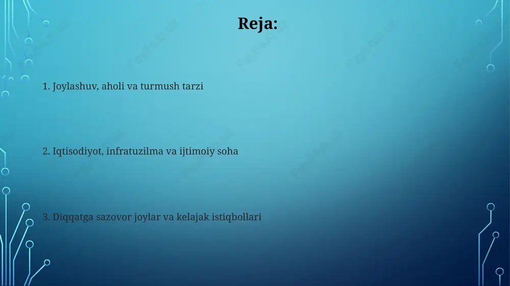 a umumiy amaliyot shifokori va 4 ta hamshira aholiga xizmat ko'rsatadi. har kuni o'rtacha 15-20 nafar bemorga birinchi tibbiy yordam ko'rsatiladi. atrof-muhit va diqqatga sazovor joylar qishlog'imizda noyob 150 yillik terak bor, u mahalliy aholi tomonidan muqaddas hisoblanadi va uning atrofida har yili 1-may kuni katta bayramlar o'tkaziladi. chortoq tog' tizmasining etagida joylashgan qishlog'imizda 3 ta shifobaxsh buloq bor, ularning suvi tarkibida 12 dan ortiq mineral mavjudligi aniqlangan. muammolar va kelajak rejalar dehqonchilikda zamonaviy texnologiyalarning yetishmasligi hosildorlikni pasaytiradi; agro-texnika usullarini joriy etish, irrigatsiya tizimlarini modernizatsiya qilish 2025-yilga borib 30% hosilni oshirishga yordam beradi. ichimlik suvi ta'minotining yetarli emasligi aholi salomatligiga salbiy ta'sir ko'rsatadi; 2024-yilda yangi suv quduqlarini qazish va suv tozalash inshootlarini o'rnatish rejalashtirilgan. e'tiboringiz uchun rahmat image3.jpg image4.jpg image5.jpg image6.jpg image7.jpg image8.jpg image9.jpg image2.png