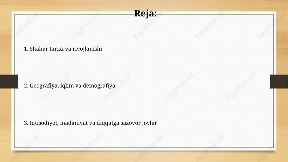 dek, tez tibbiy yordam xizmati 24/7 ishlaydi. turizm va dam olish maskanlari shahrimizda 10 dan ortiq zamonaviy mehmonxonalar mavjud boʻlib, ularda xalqaro standartlarga javob beruvchi xizmatlar koʻrsatiladi va bu shaharga sayyohlarning koʻplab kelishiga sabab bo'ladi. yoz oylarida aholi va sayyohlar uchun 3 ta yirik suv parki va ko'plab ochiq havoda dam olish maskanlari tashkil etilgan bo'lib, ularda turli xil ko'ngilochar tadbirlar o'tkaziladi. kelajak istiqbollari va rivojlanish rejasi 2030-yilgacha bo‘lgan rivojlanish rejasiga ko‘ra, shahar atrofida 5 ta yangi sanoat zonasini tashkil etish orqali 10 mingdan ortiq yangi ish o‘rinlari yaratish maqsad qilingan. shaharni "aqlli shahar" ga aylantirish uchun 2025-yilgacha umumiy qiymati 50 million aqsh dollariga teng bo‘lgan 15 ta loyihani amalga oshirish rejalashtirilgan. e'tiboringiz uchun rahmat image7.jpg image8.jpg image9.jpg image10.jpg image11.jpg image12.jpg image13.jpg image3.png image4.png