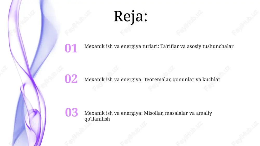 m 2 m/s tezlikda harakatlansa, ke = 2 j bo'ladi. potensial energiya potensial energiya - bu jismning holati yoki konfiguratsiyasi tufayli saqlanadigan energiya. masalan, 10 kg tosh balandlikda turganligi sababli gravitatsion potensial energiyaga ega. elastik potensial energiya cho'zilgan yoki siqilgan prujinalarda saqlanadi. prujinaning siqilish yoki cho'zilishi 0.2 metr bo'lganda, uning potensial energiyasi o'zgaradi. gravitatsion potensial energiya jismning yer yuzasidan balandligiga bog'liq. yer yuzasidan 5 metr balandlikdagi 2 kg massali jism 98 j gravitatsion potensial energiyaga ega. elastik potensial energiya elastik potensial energiya (pe) formulasida pe = (1/2)kx^2, 'k' prujinaning qattiqlik koeffitsientidir, bu prujinaning qarshiligini o'lchaydi va 'x' esa prujinaning muvozanatdan siljishidir. elastik potensial energiya prujina kabi elastik deformatsiyalangan ob'ektda saqlanadi va u asl holatiga qaytishga intilganda ish bajarish qobiliyatiga ega, masalan, siqilgan prujina. elastik potensial energiya saqlanib qolmaydi, agar ishqalanish yoki havo qarshiligi kabi nokonservativ kuchlar mavjud bo'lsa, energiya issiqlik yoki ovoz shaklida tarqaladi va umumiy mexanik energiya kamayadi. gravitatsion …