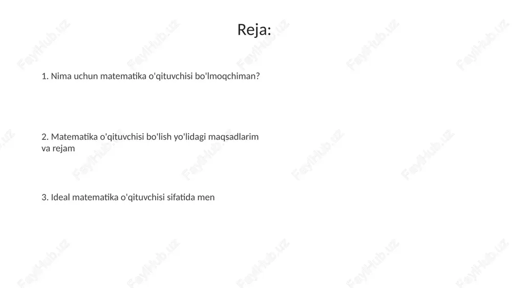 juda muhimdir, chunki o'quvchilarning turli xil ehtiyojlarini qondirish kerak bo'ladi. matematika o'qituvchisi bo'lish uchun matematika, algebra, geometriya, trigonometriya va hisoblash kabi fanlar bo'yicha chuqur bilimga ega bo'lish kerak, kamida bakalavr darajasi talab etiladi. o'qituvchilik faoliyatidagi maqsadlarim va rejalaringiz dastlabki 5 yil ichida o'quvchilarning 85% i matematika fanidan imtihonlarda o'rta yoki undan yuqori ball olishiga erishishni maqsad qilganman, ularning analitik fikrlashini rivojlantiraman. o'rta maktabda 10-11 sinflar uchun matematika fanidan yangi kurs dasturini ishlab chiqishni rejalashtirganman. bu dasturda zamonaviy o'qitish metodlari va texnologiyalaridan foydalaniladi. o'qituvchilik faoliyatim davomida kamida 3 ta matematika olimpiadasiga tayyorlash kurslarini tashkil etaman. ularda o'quvchilarning bilimini oshirib, sovrinli o'rinlarni egallashiga erishaman. matematika ta'limidagi shaxsiy falsafam matematika men uchun shunchaki formulalar yodlash emas, balki 1 dan 100 gacha bo'lgan raqamlar orqali dunyoni anglashga yordam beradigan mantiqiy fikrlashni rivojlantirish vositasidir. har bir o'quvchi noyobdir, shuning uchun men darslarimni 2x + y = 5 kabi tenglamalarni hayotiy misollar bilan bog'lash orqali ularning …