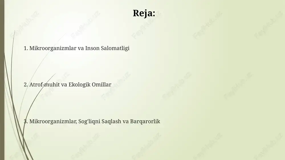 allik tarqalishini kamaytirish uchun asosiy profilaktika hisoblanadi. maqsadli emlash kasalliklar chastotasini 95% gacha kamaytirishi mumkin. antimikrobial rezistentlik va yangi davolash usullari antimikrobial rezistentlik 2 milliondan ortiq odamda kasalliklarni keltirib chiqaradi, yangi davo esa fag terapiyasi va crispr texnologiyasini o'z ichiga oladi. yangi davolash usullari orasida peptidlar, nanozarralar va fotodinamik terapiya kabi usullar ham bo'lib, ular rezistent mikroorganizmlarga qarshi kurashishga yordam beradi. rezistentlikni kamaytirish uchun antibiotiklardan foydalanishni nazorat qilish, diagnostikani yaxshilash va 5-10 yil ichida yangi antibiotiklarni ishlab chiqish kerak. probiotiklar, prebiotiklar va oziq-ovqat xavfsizligi prebiotiklar 5-10 gramm ozuqa moddalaridir, ular probiotiklar uchun oziq-ovqat vazifasini bajaradi, ichakda o'sishni rag'batlantiradi va shuningdek, mineral moddalarni so'rilishini oshiradi. probiotiklar ichak mikrobiomasidagi foydali bakteriyalarning ko'payishini qo'llab-quvvatlaydi, ovqat hazm qilishni yaxshilaydi va 70% immunitet tizimining sog'lig'iga hissa qo'shadi. oziq-ovqat xavfsizligi, patogen mikroorganizmlarning mavjudligini kamaytirishni talab etadi, bu oziq-ovqat bilan bog'liq kasalliklarning 90% dan ortig'ini oldini olish va iste'molchilar salomatligini himoya qilish uchun muhimdir. atrof-muhit va ekologik …