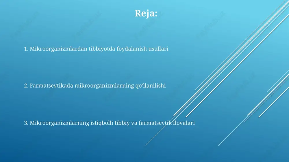 antiriladi. zaiflashtirilgan tirik mikroorganizmlardan foydalanish, masalan, qizamiqqa qarshi vaksina, tanani kasallikni keltirib chiqarish xavfisiz uzoq muddatli immunitetni shakllantirishga undaydi va kuchli javob beradi. diagnostika vositalarida mikroorganizmlar mikroorganizmlar, masalan, antitelalarni aniqlash uchun eliza kabi immuno-ferment tahlillarda (ifa) qo'llaniladi, bu esa 100 pg/ml dan past konsentratsiyalarda antitelalarni aniqlash imkonini beradi. polimeraza zanjirli reaktsiyasi (pzr) diagnostika vositalarida mikroorganizmlarning dnk yoki rnk sini ko'paytirish orqali 99% aniqlik bilan infektsiyalarni aniqlash uchun keng qo'llaniladi. mikrobial sensorlar, masalan, biochipslar, ma'lum bir mikroorganizmga xos bo'lgan molekulalarni aniqlash uchun ishlatiladi va 95% sezuvchanlik bilan yuqori aniqlikdagi diagnostikani ta'minlaydi. probiotiklar va ularning sog'liq uchun foydalari lactobacillus va bifidobacterium kabi probiotiklar, laktoza hazmini yaxshilab, gaz va shishishni kamaytiradi, ayniqsa laktoza yetishmovchiligi bo'lgan 30-50% odamlarga yordam beradi. probiotiklar ichak mikroflorasini muvozanatlashtirib, 70% immunitet tizimi joylashgan ichakda patogen mikroorganizmlar o'sishini bostirish orqali immunitetni oshiradi. ba'zi tadqiqotlar probiotiklarning ruhiy salomatlikka ta'sirini ko'rsatadi; masalan, ayrim shtammlar depressiya alomatlarini 20-30% ga kamaytirishi mumkin, miya va …