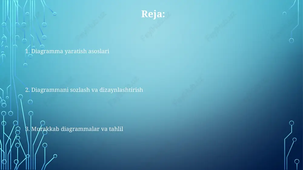 bu bir marta bosish orqali tezkor o'zgartirishlar imkonini beradi va vaqtni tejaydi. ranglar palitrasini sozlang: diagramma ranglarini o'zgartirish ma'lumotlaringizni vizual tarzda ta'kidlashga yordam beradi. rang tanlashda 6 ta asosiy rangdan foydalaning yoki shaxsiy ranglarni qo'shing. maxsus diagramma turlari va ularning qo'llanilishi pivo diagrammalari ma'lumotlarni jamlash va tahlil qilish uchun juda foydali. misol uchun, 2023-yilgi savdo hajmini mintaqalar bo'yicha ko'rsatish uchun ishlatishingiz mumkin, bu esa tezkor xulosalar beradi. tarqalish diagrammalari ikki o'zgaruvchi o'rtasidagi munosabatni aniqlashda muhim rol o'ynaydi. masalan, marketing xarajatlari va savdo hajmi o'rtasidagi korrelyatsiyani baholashda qo'llaniladi. hudud diagrammalari vaqt davomida bir qator qiymatlarning nisbiy ahamiyatini ko'rsatish uchun ideal. 5 yillik davrdagi bozor ulushining o'zgarishini vizual tarzda taqdim etish uchun foydalanishingiz mumkin. diagrammalarni eksport qilish va ulardan foydalanish diagrammalarni powerpointga obyekt sifatida joylashtiring, bu excel bilan bog'lanishni saqlab qoladi. agar exceldagi ma'lumotlar yangilansa, diagramma avtomatik ravishda yangilanadi, bu esa vaqtni tejaydi. diagrammani tasvir sifatida (png, jpeg) eksport qilish hisobotlarda yoki …